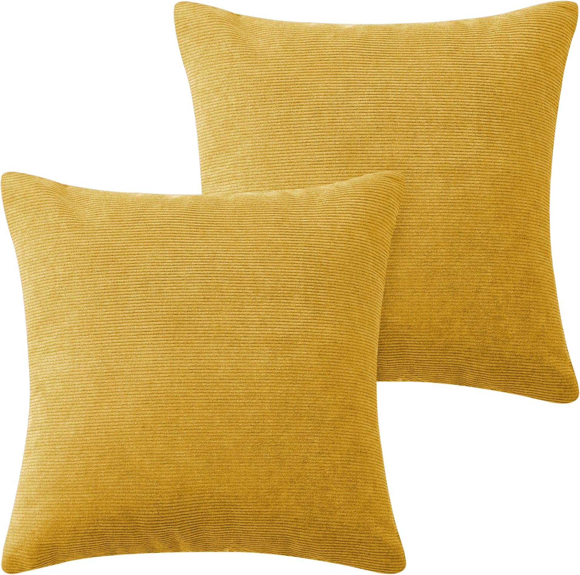 Hafaa Cushions with Covers Included 45 x 45 Cm Pack of 2 (2 Ochre Cushion Covers, 2 Cushion Inserts) - Stripe Velvet Square Throw Pillow Case Decorative Sofa Cushion with Invisible Zipper