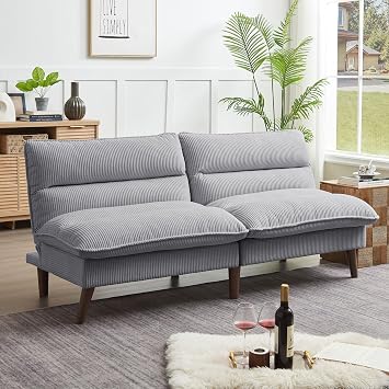 72" Convertible Futon Sofa Bed, Loveseat Sofa, Corduroy Folding Futon Set with Adjustable Backrest &Armrests, Recliner Lounge for Living Room, Apartment or Office, Light Grey