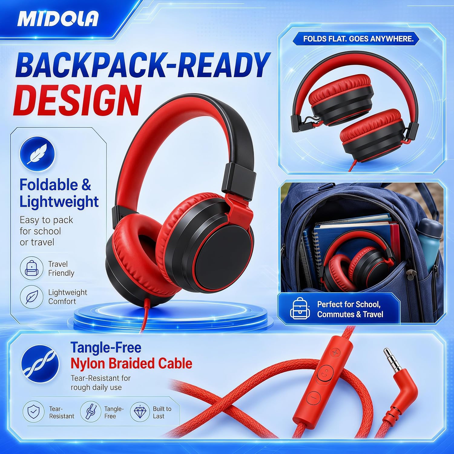 MIDOLA Volume Limited 85/110dB Kids Headphone Over-Ear/On-Ear Foldable Sound Noise Protection Headset with Inline AUX 3.5mm Cord w/Mic for Child School Cellphone Pad PC Notebook Black