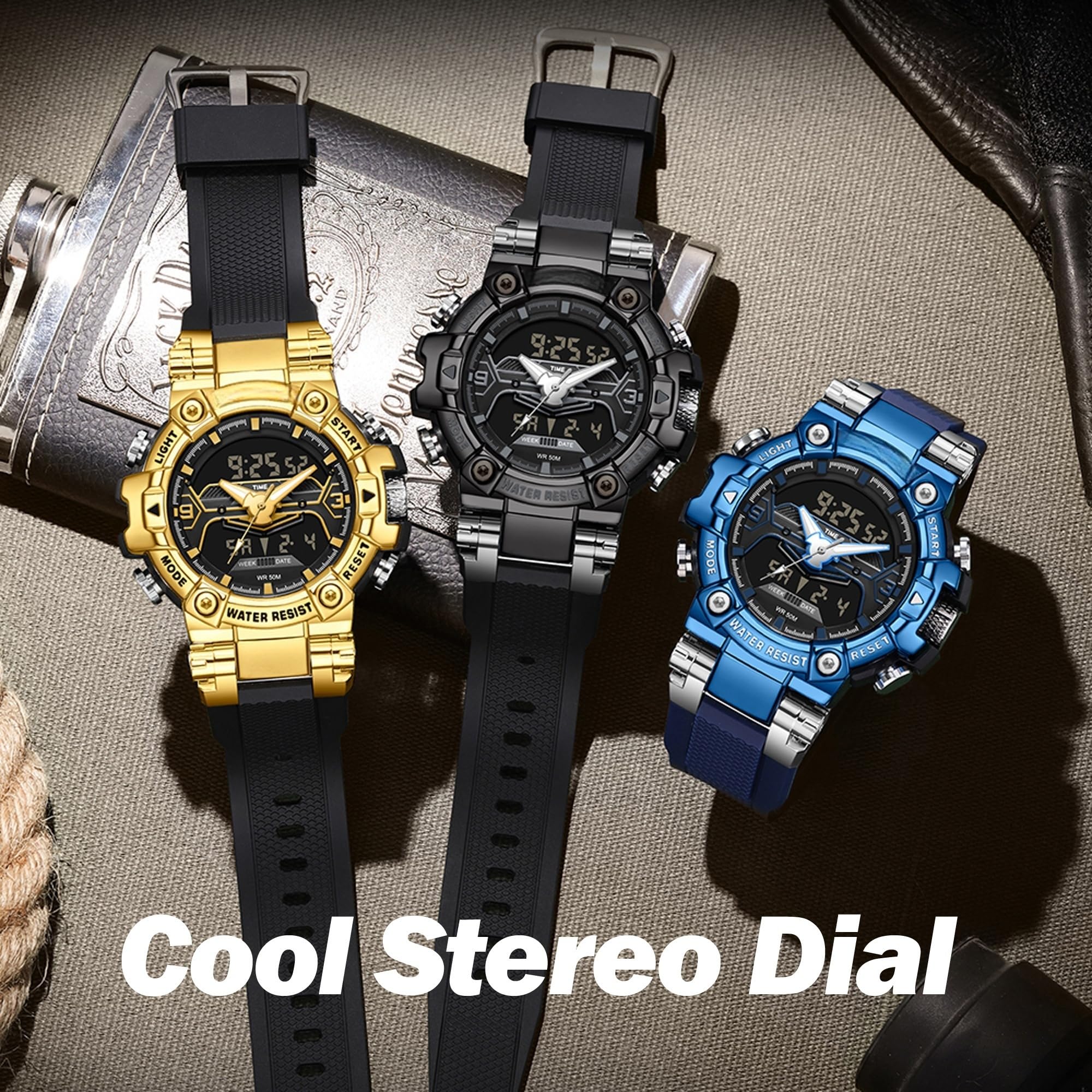 findtime Relojes digitales militares para hombre, reloj deportivo resistente al agua, esfera grande, retroiluminación LED, reloj de pulsera de 8 colores, cronómetro, alarma, reloj electrónico táctico