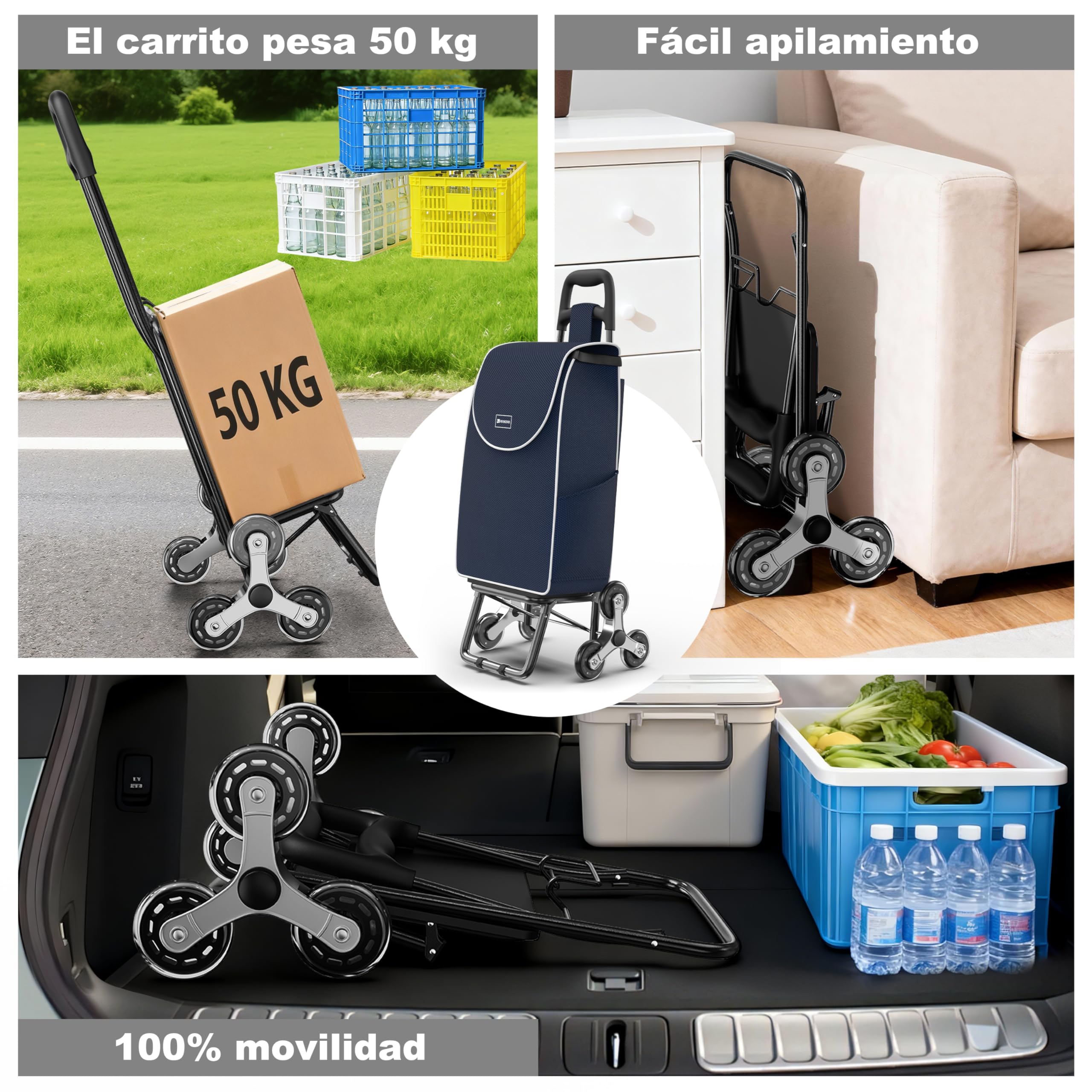 Carrito de Compras para comestibles,Carrito de comestibles Plegable Ligero con Capacidad de 56L,con 6 Ruedas para Subir Escaleras,Bolsa Oxford Desmontable (Azul, 2 Pieza)