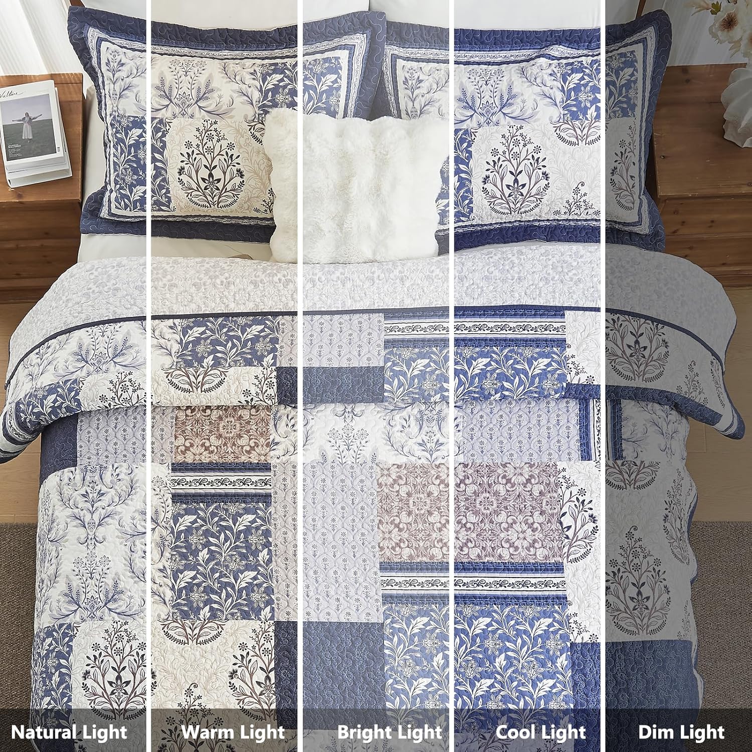 100% Cotton Quilt Set King Size - Floral Quilted Comforter, Patchwork Botanical King Quilt Bedspread, Reversible Vintage Farmhouse Lightweight Bedding for King Bed, 3pcs, Blue/Beige