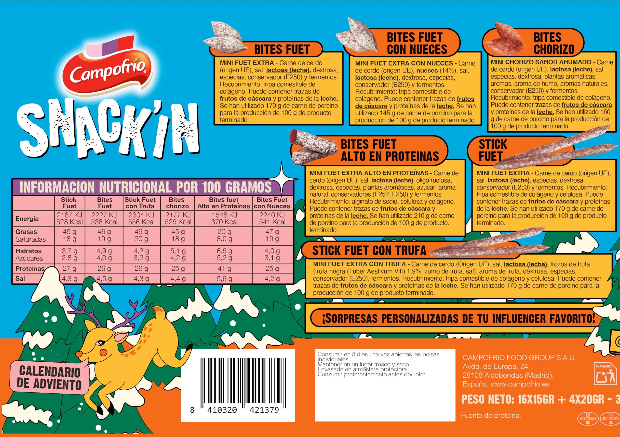 Calendario de Adviento Navidad Snack’IN Campofrío. Incluye fuetitos variados y sorpresas de Papi Gavi, 320 g