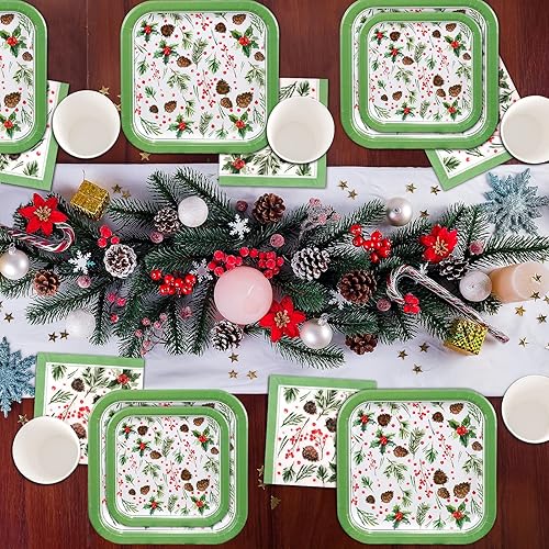 Miniatura 5 de Juego de vajilla desechable de 350 piezas de suministros para fiestas de Navidad para 50 invitados, platos llanos, servilletas y platos de postre,
