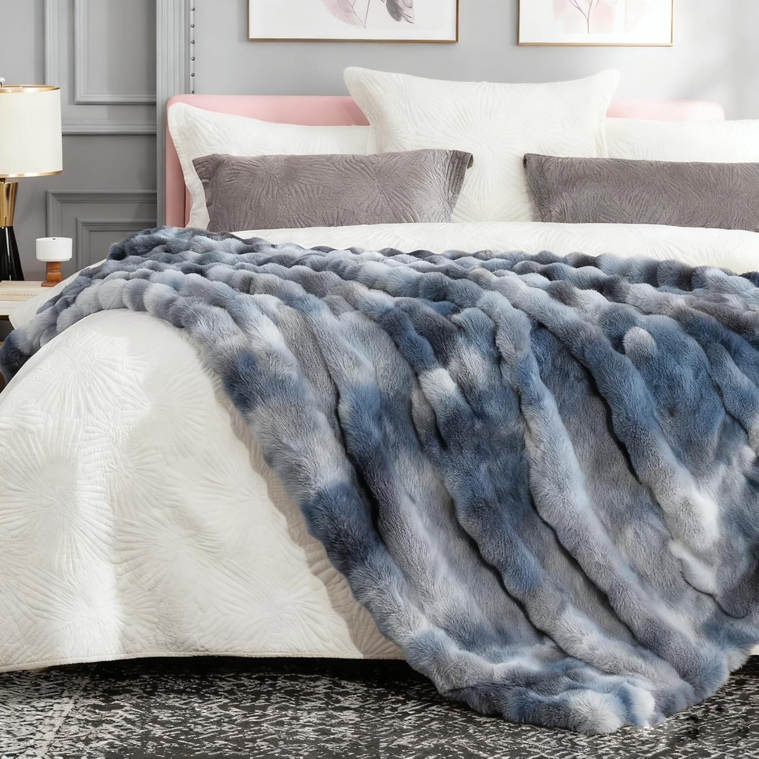 Faux Fur Throw Blanket for Couch, Soft Fuzzy Plush Thick Bubble Rabbit Fur Blanket for Sofa Bedroom Living Room, 50 * 70 Inches Tie-dye Blue - Image 6