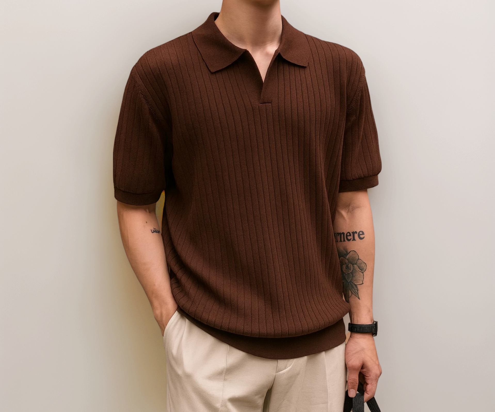 Veirdo Men's Ribbed Polo Collar Knit T-Shirt - Image 1