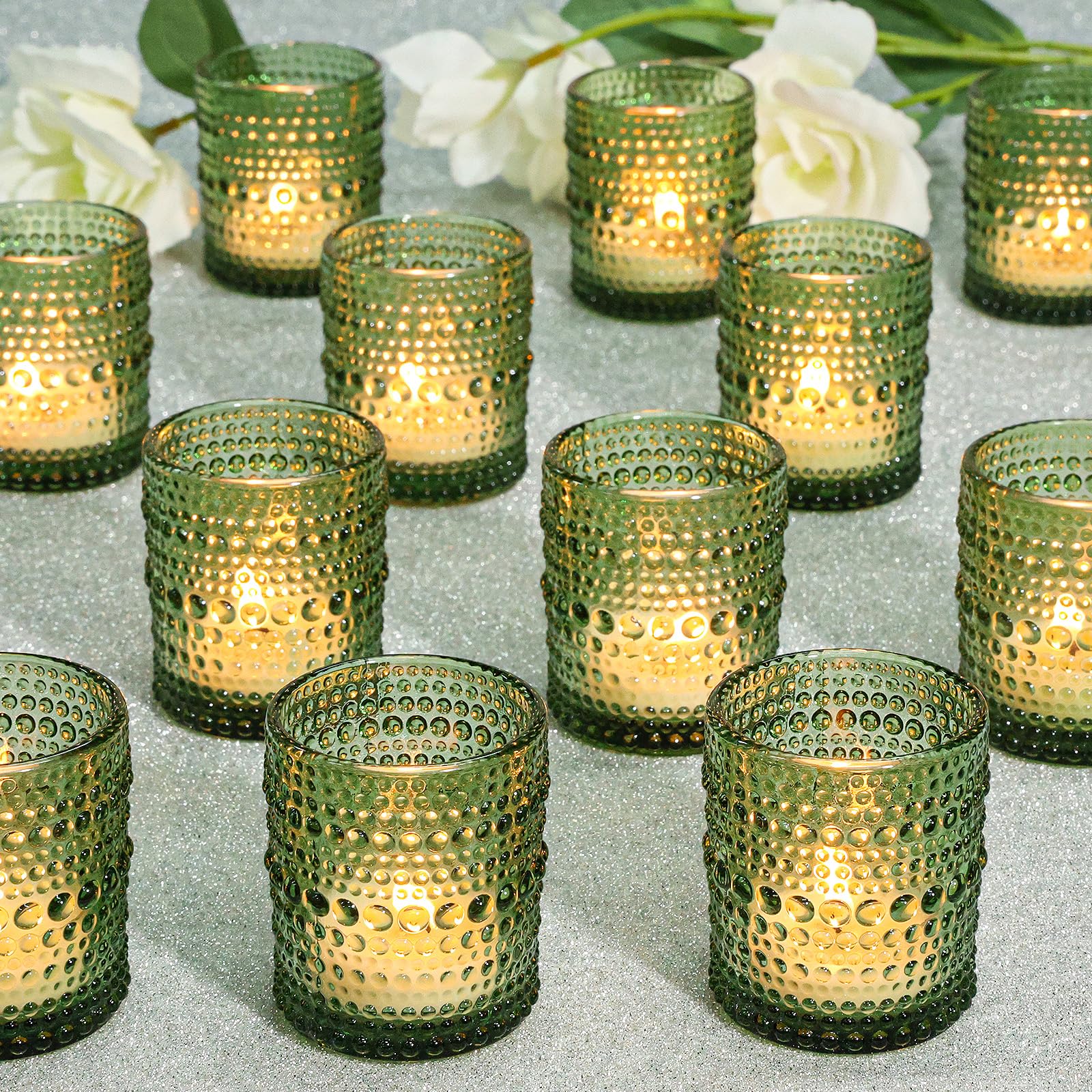 SUPMIND 24pcs Votive Candle Holders, Green Glass TeaLights Holder Bulk