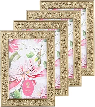 Concepts 4x6 Set Of 4 Gold Ornate Vintage Resin Picture Frames With HD Clear Glass, Extra Durable Photo Frames - Display Wallhung/Tabletop Vertically Or Horizontaly