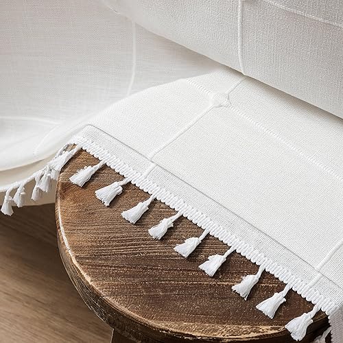 Miniatura 4 de ZeeMart Mantel de cuadros bohemio con borlas (blanco hueso, 52 x 52 pulgadas), mantel de lino pesado bordado a cuadros, mantel de granja, mantel