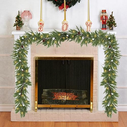 Miniatura 6 de Guirnalda de pino preiluminada realista con temporizador, guirnalda de Navidad sintética de 6 pies, funciona con pilas, guirnalda de invierno para