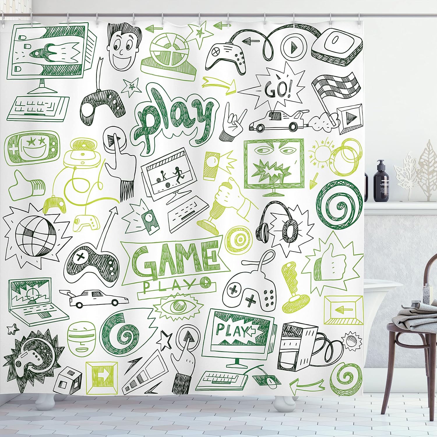 Ambesonne Video Games Shower Curtain, Monochrome Sketch Gaming Design Racing Monitor Device Gadget Teen 90's, Cloth Fabric Bathroom Decor Set with Hooks, 69" W x 84" L, Hunter Green