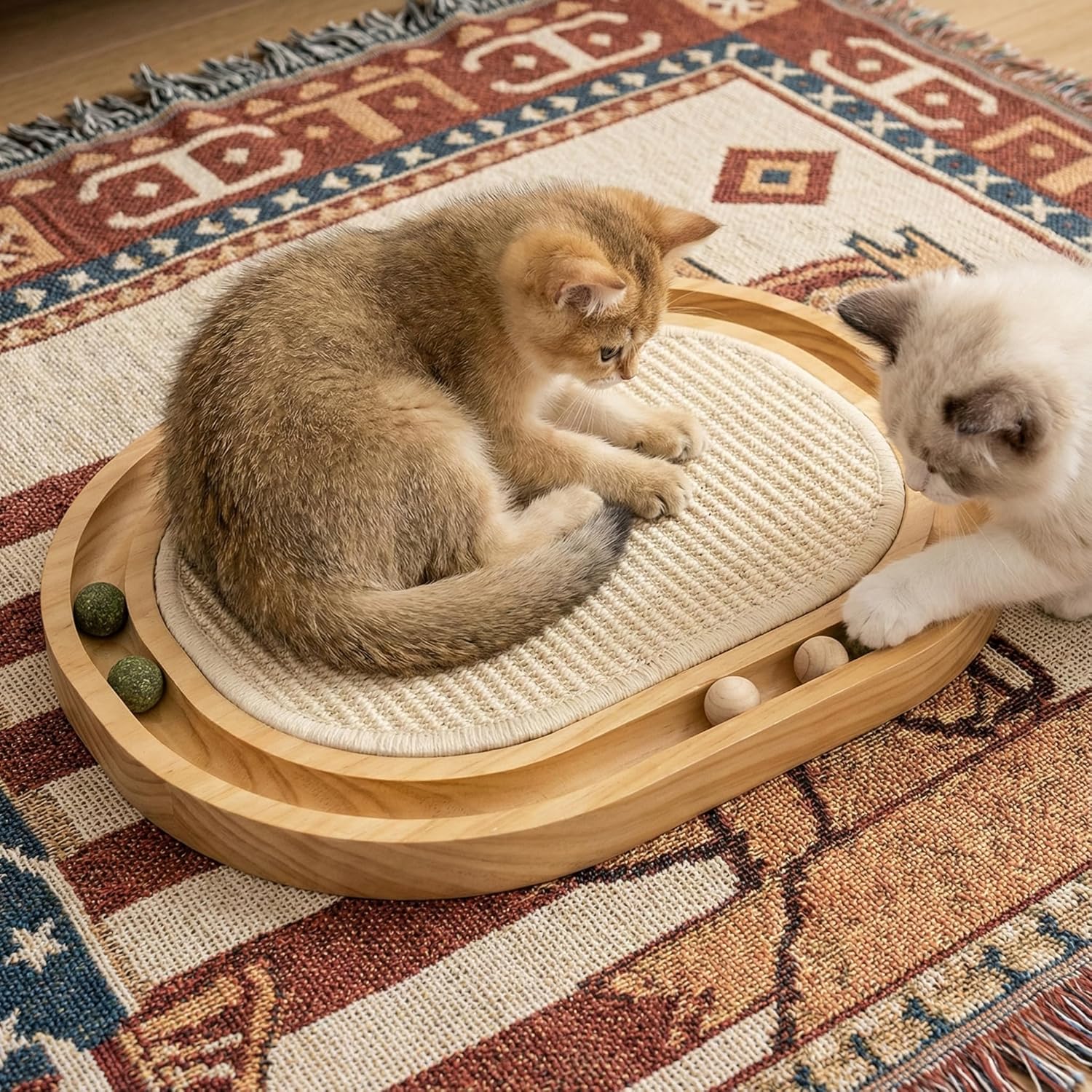 Sisal Cat Scratcher Toy with Ball Track, Natural Scratching Pad, Wooden Cat Toy with Non-Slip Base for Indoor Cats, Suitable for Kittens and Medium Cats