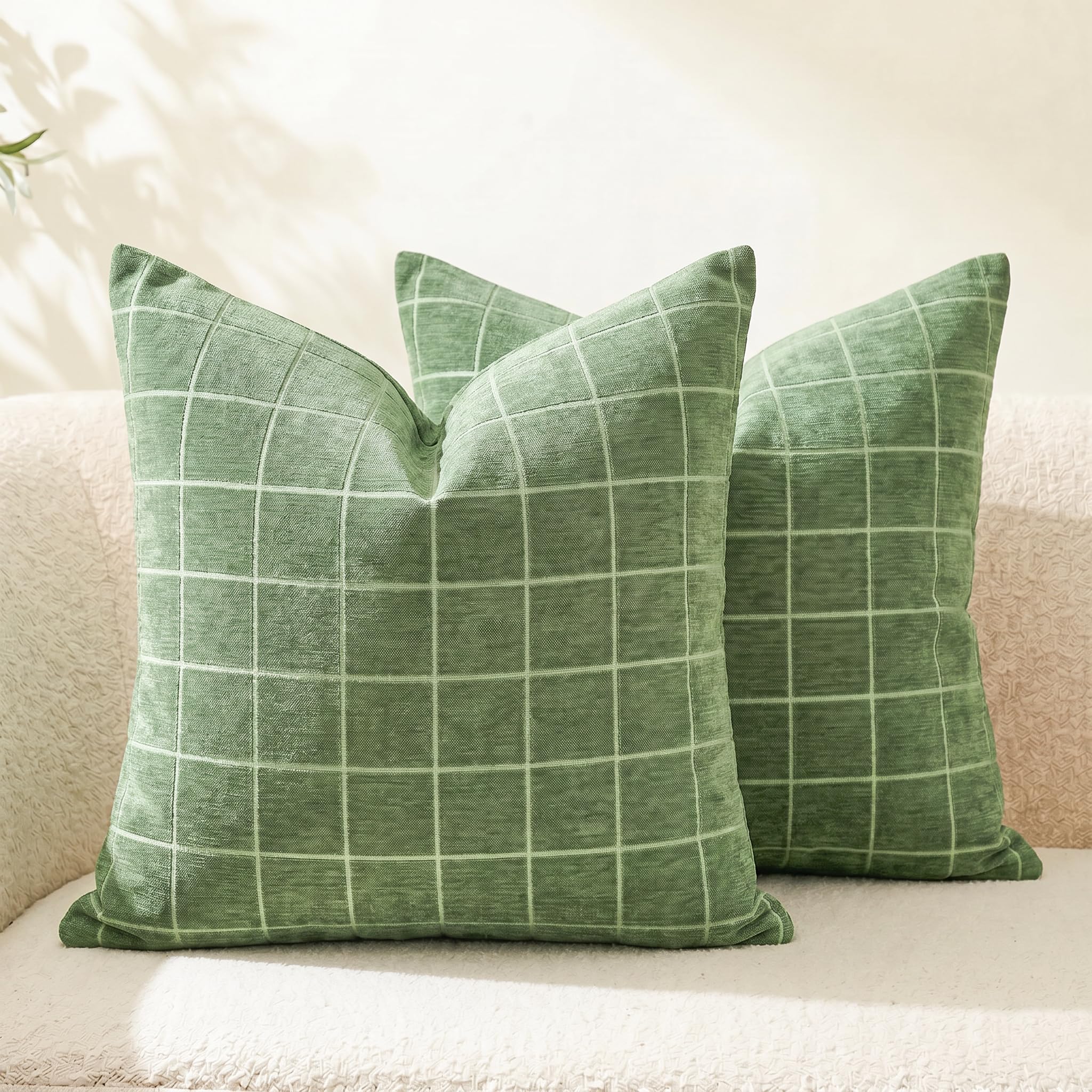Neelvin Set of 2 Cushion Covers 60x60cm(24x24 inch) Chenille Plaid Checkered Decorative Throw Pillows Farmhouse Modern Soft Textured Neutral Style Sofa for Bedroom Living Room Sage Green