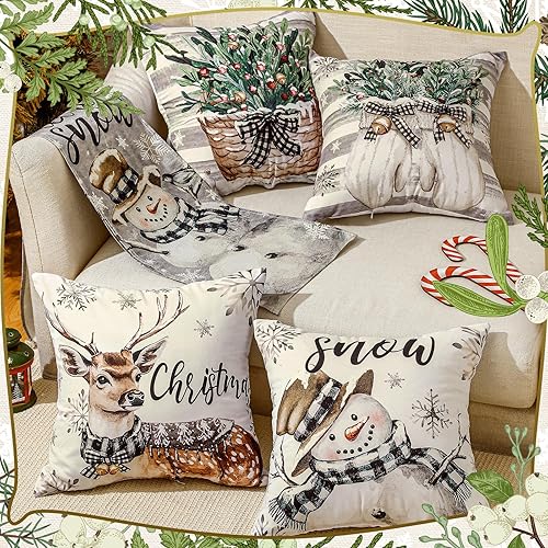 Miniatura 4 de Decoración navideña de muñeco de nieve de invierno para el hogar, camino de mesa neutral retro y 4 fundas de almohada de 18 x 18 pulgadas, funda de