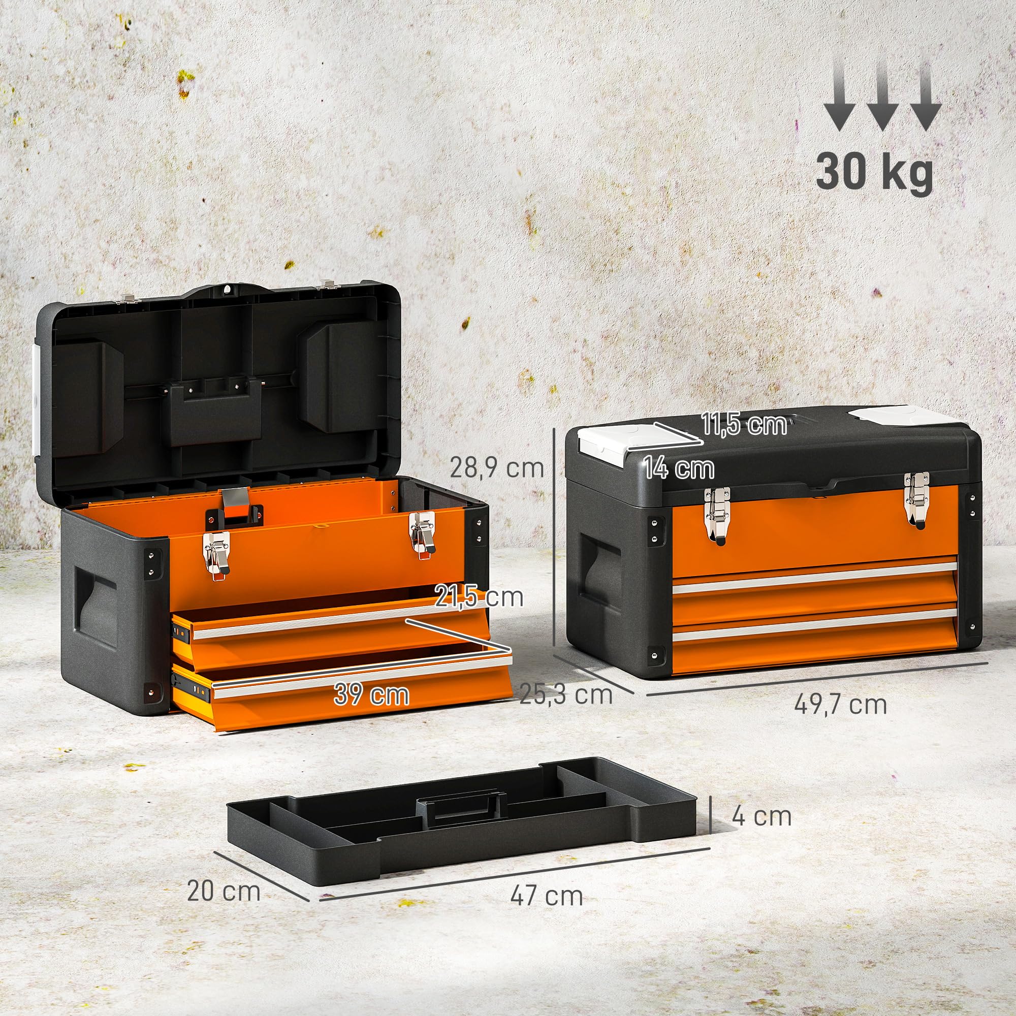 HOMCOM Caja de herramientas vacía, resistente, con 2 cajones, asa, caja de herramientas para el hogar, taller, color naranja