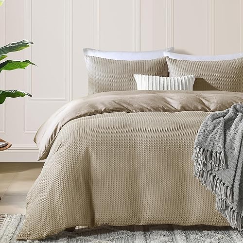Funda de edredón con 50 % viscosa derivada del bambú, 50 % algodón, tamaño Queen, ultra suave, tejido de gofre, tamaño Queen, transpirable, con