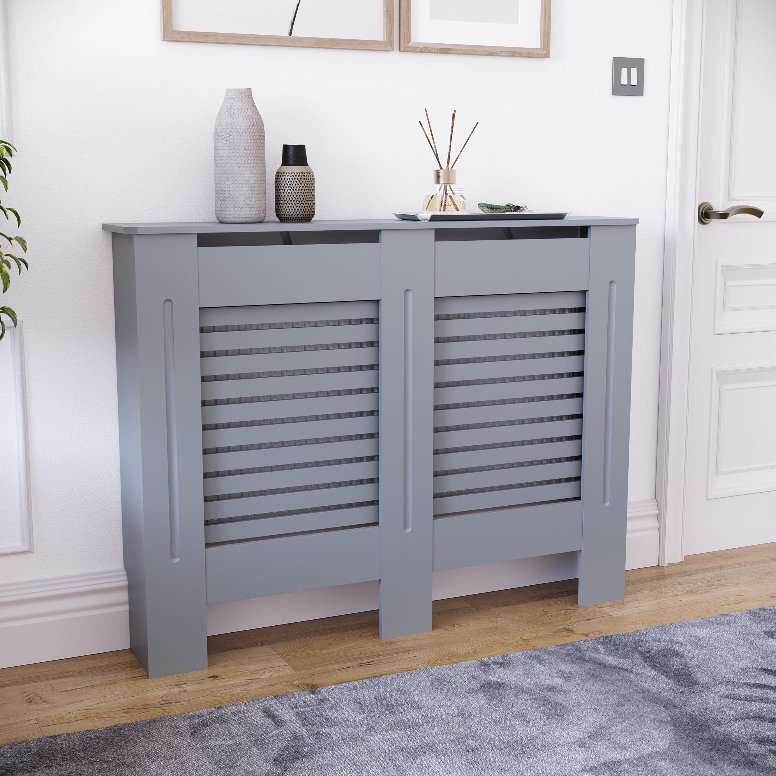 Vida Designs Milton Radiator Cover Grey - Medium - Modern Horizontal Slat Design For Optimal Heat Circulation - H82xW111xD19cm - Painted MDF Cabinet Ideal For Living Room & Hallway