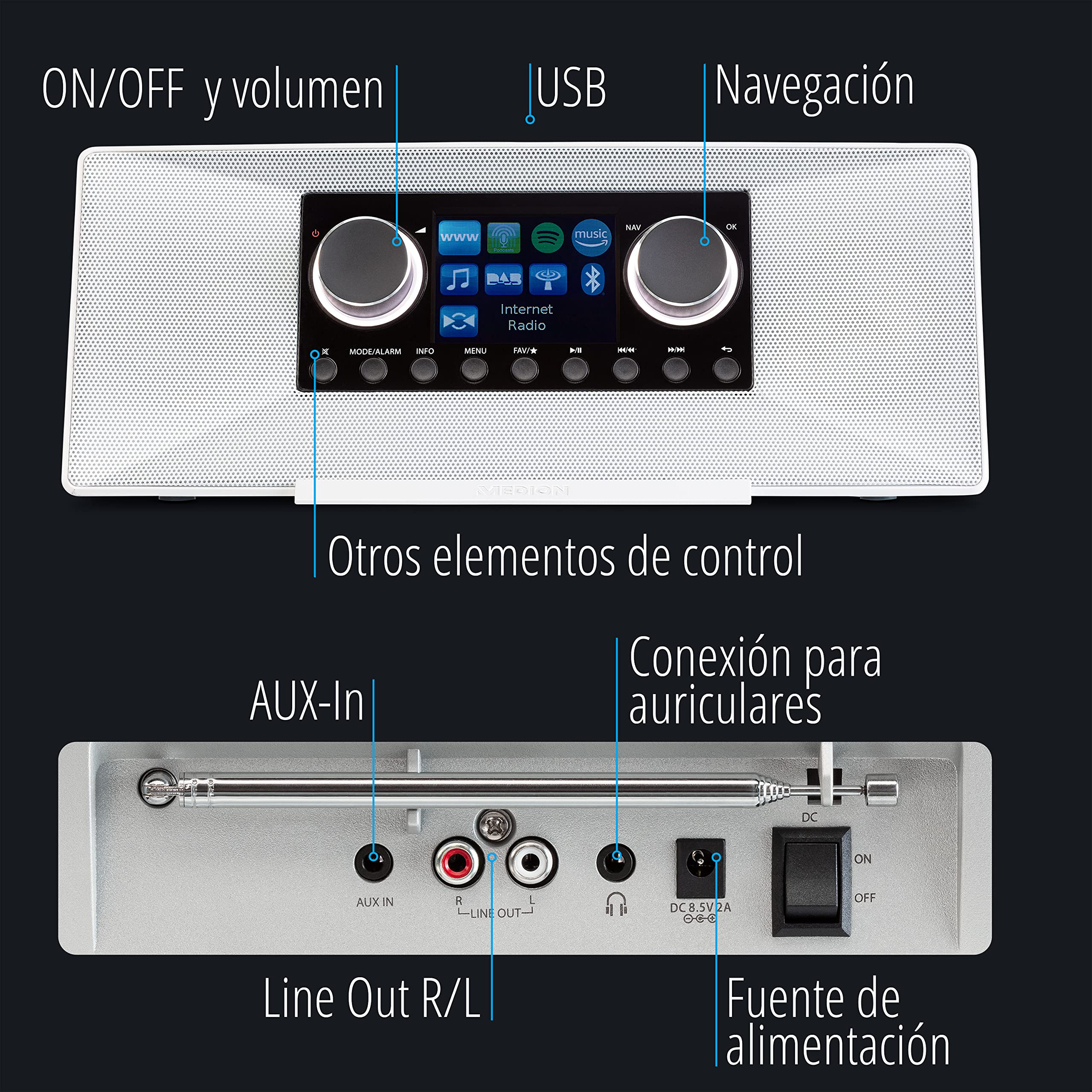 MEDION P85333 Radio por Internet con Dab+ (WiFi, FM, Spotify Connect, Amazon Music, USB, Toma de Auriculares, AUX, Stereo Line-out Cinch, Temporizador de sueño) Blanco