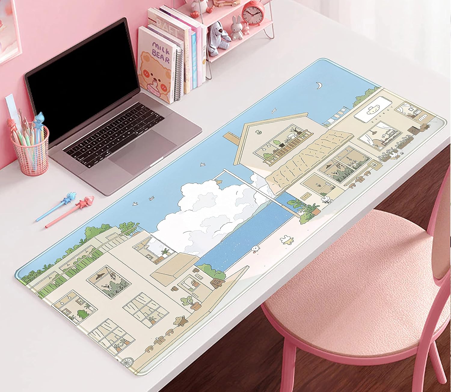 Cute Desk Mat Kawaii Mousepad Japanese Street Mouse Pad, Blue and Brown Cute Anime Keyboard Mat 31.5"x15.75", Large Mouse Pad XXL Gaming Desk Pad XL Office Decor for Women Girls Laptop Keyboard Pad - Image 7
