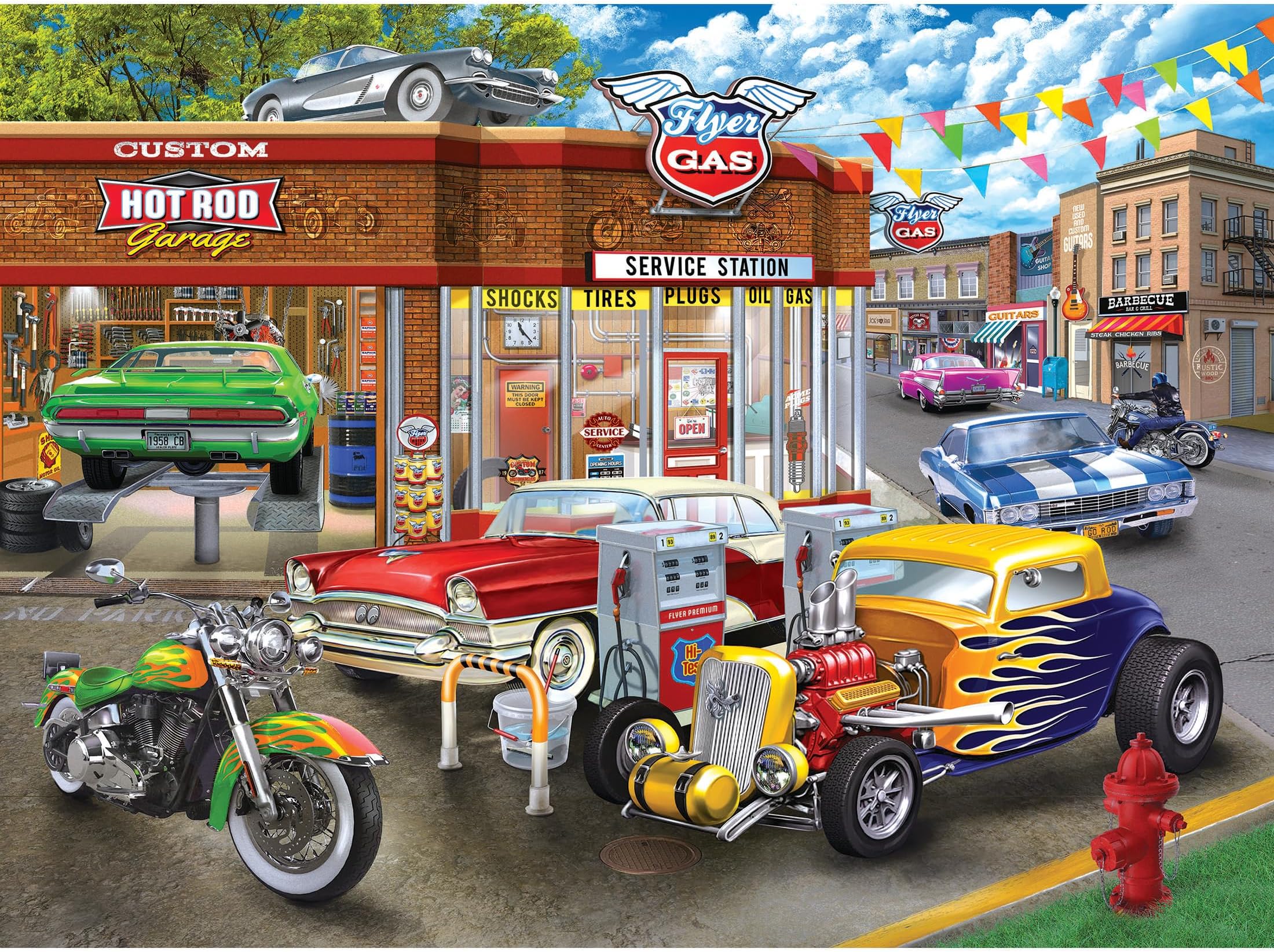Lafayette Puzzle Factory Chris Bigelow 1000 PC Jigsaw Puzzle - Hot Rod Garage, Multi-Colored