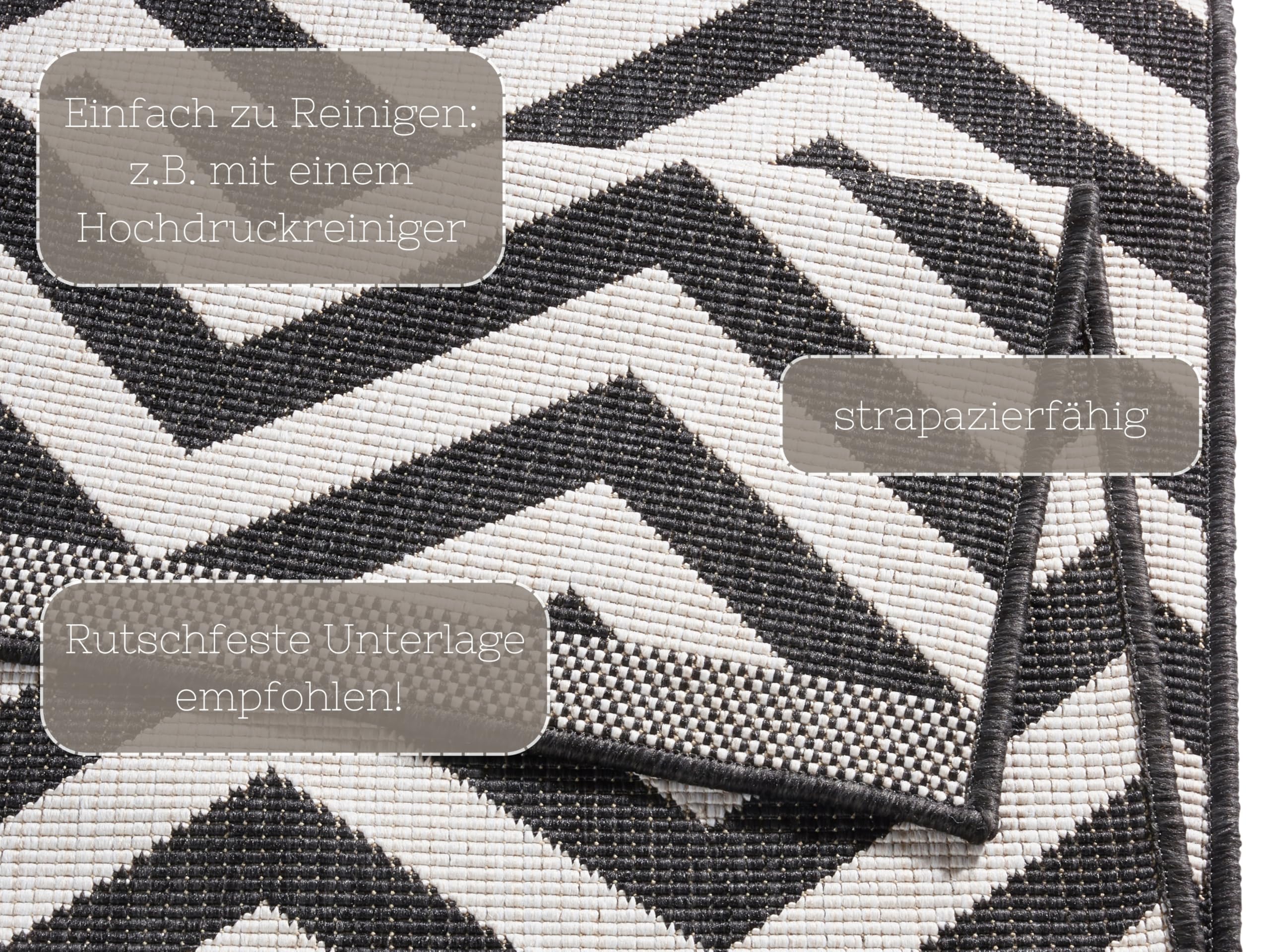 NORTHRUGS In- und Outdoor Teppich Palma 80x150cm - Wendeteppich Wetterfest Modernes Design Zick-Zack Muster Läufer für Balkon Terrasse Garten Wintergarten Wohnzimmerteppich Wasserfest in Schwarz Creme