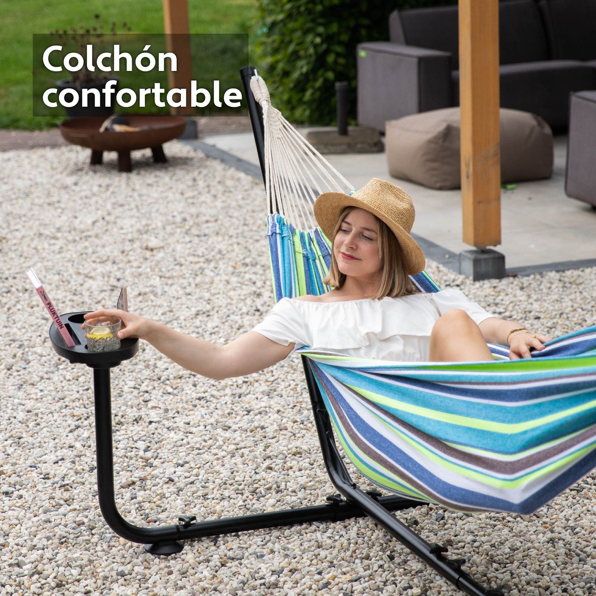 Vita5 Hamaca con Soporte – Estructura Ajustable de 290 a 330 cm – Hamaca Grande de 80% Algodón y 20% Poliéster para Jardín, Terraza, Balcón y Camping – Incluye Bolsa de Transporte