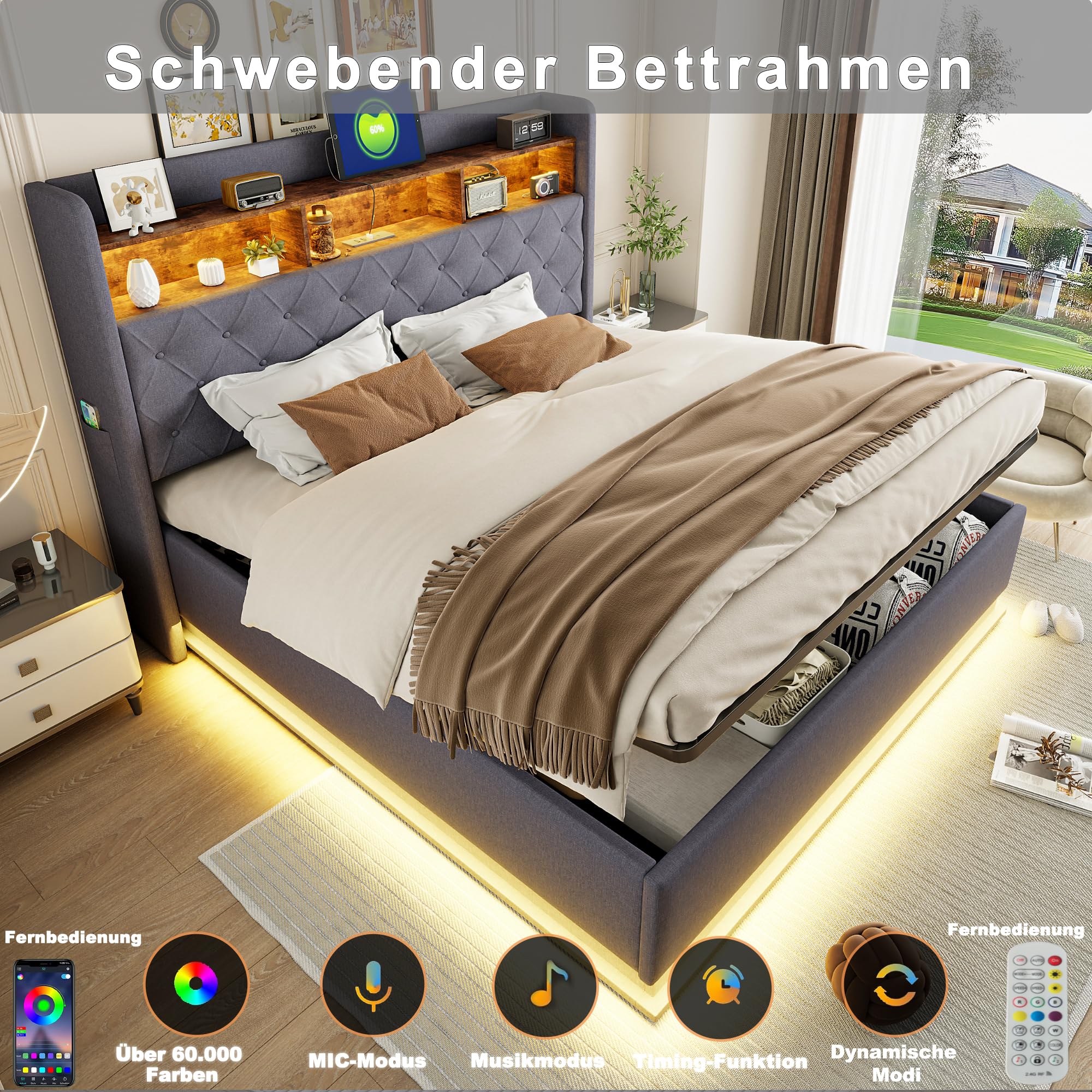 Kebnor - Letto imbottito con LED, letto imbottito con spazio di archiviazione e presa USB e spazio di archiviazione idraulico, tessuto di lino amichevole per la pelle (grigio, 180 x 200 cm)