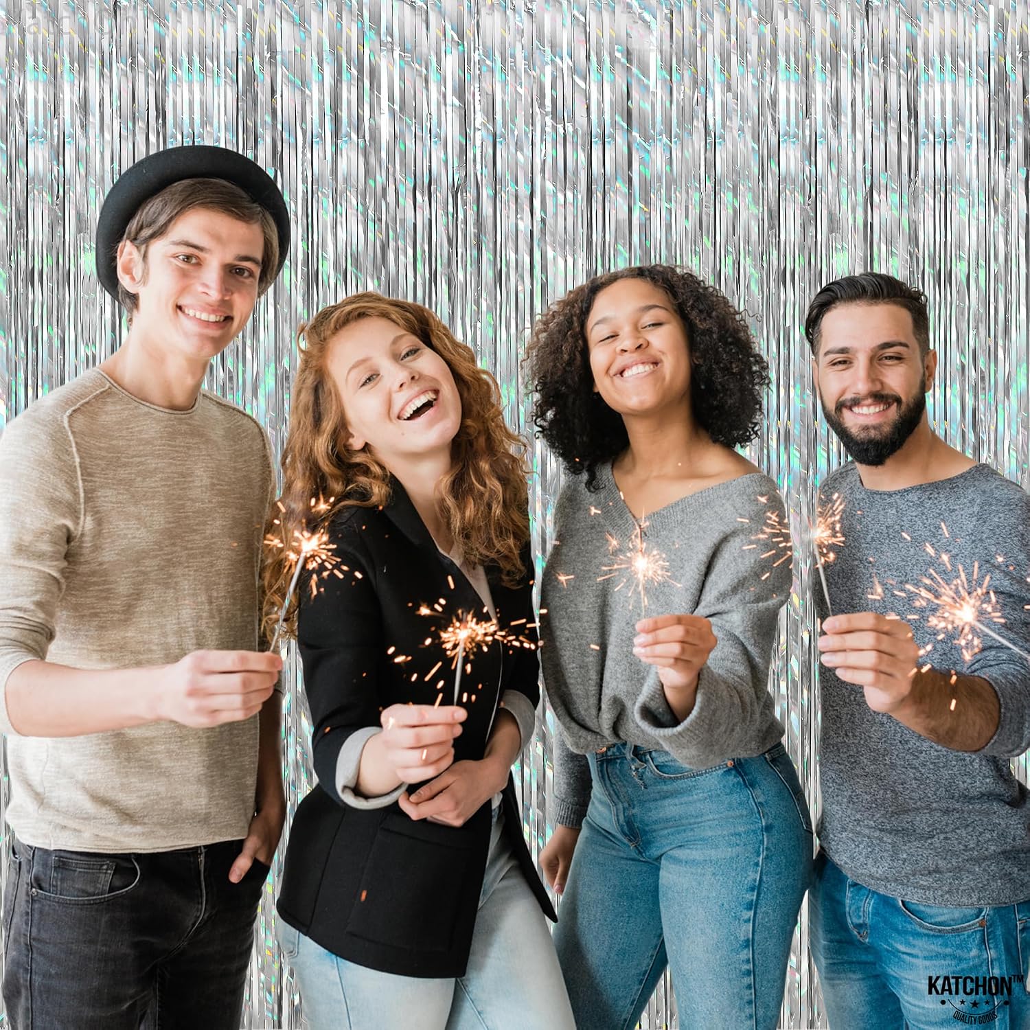 KatchOn, XtraLarge Holographic Silver Streamer Backdrop - Pack of 2, 8 Ft | Silver Foil Curtain, Silvers Fringe Curtain Backdrop For Graduation Party Decorations Class of 2026 | Graduation Decorations