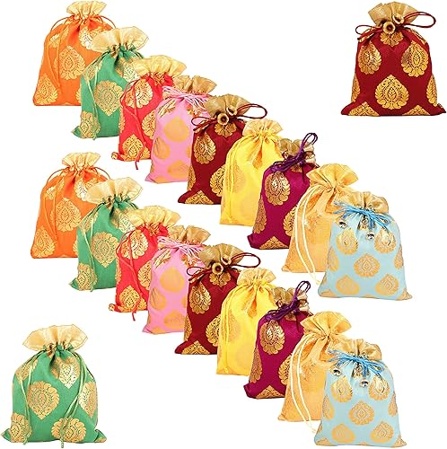 Miniatura 3 de Touchstone Bolsas de cordón tradicionales indias hechas a mano en tejido brocado con patrón de hojas de ficus. Perfecto para regalos, joyas, bodas,