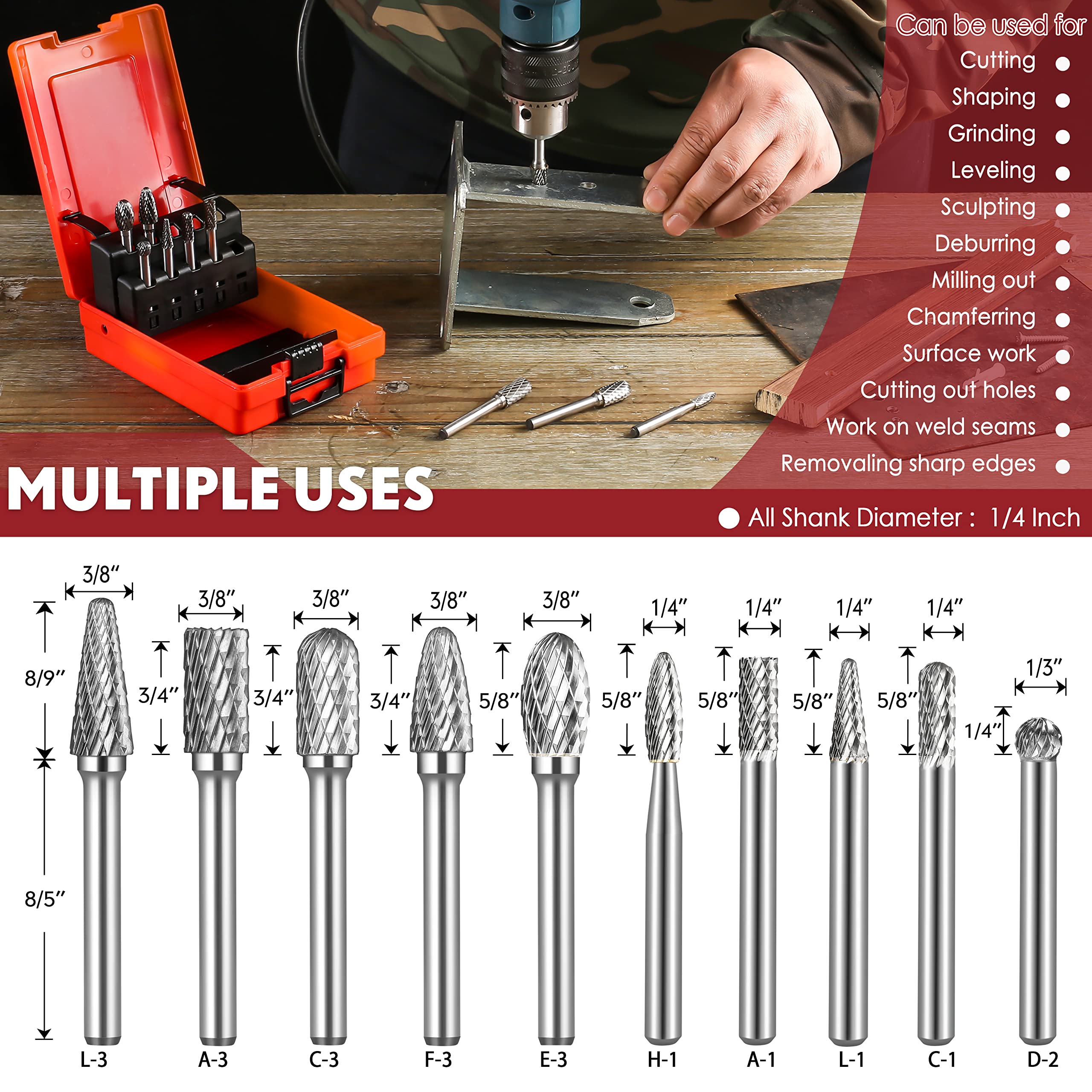 Carbide Burrs Set, 10 Pcs Double Cut Solid Tungsten Carbide Rotary Burr Set, 1/4 Inch Shank Die Grinder Bits, Rotary File for Die Grinder Metal Carving, Polishing, Engraving, Drilling — Amazon image 3