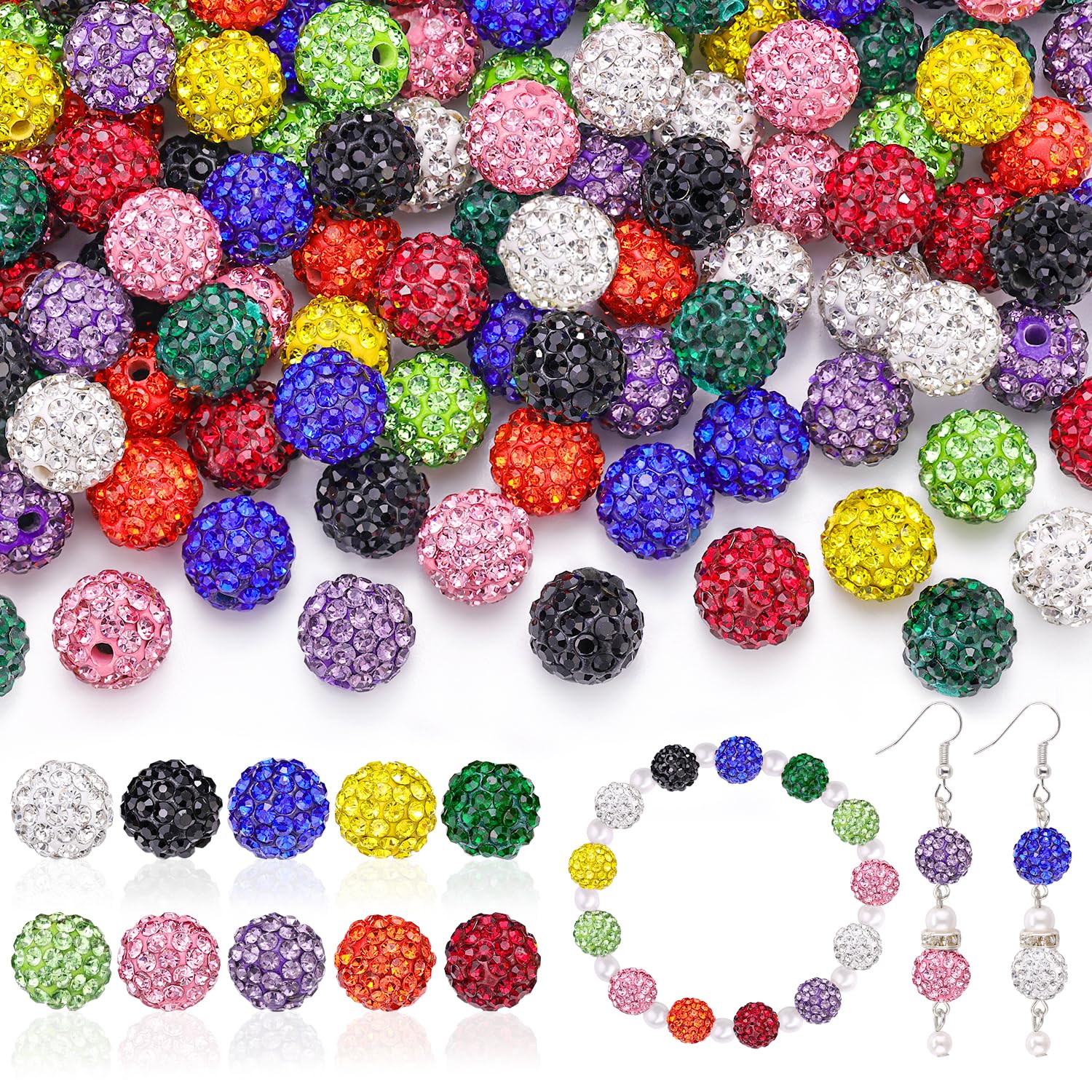 100 cuentas de diamantes de imitación de 10 mm para hacer joyas, 10 colores mezclados, brillantes, redondas, de bola de discoteca, de arcilla de cristal brillante, para Navidad, para pulseras, béisbol, collares, pendientes, manualidades y bricolaje.