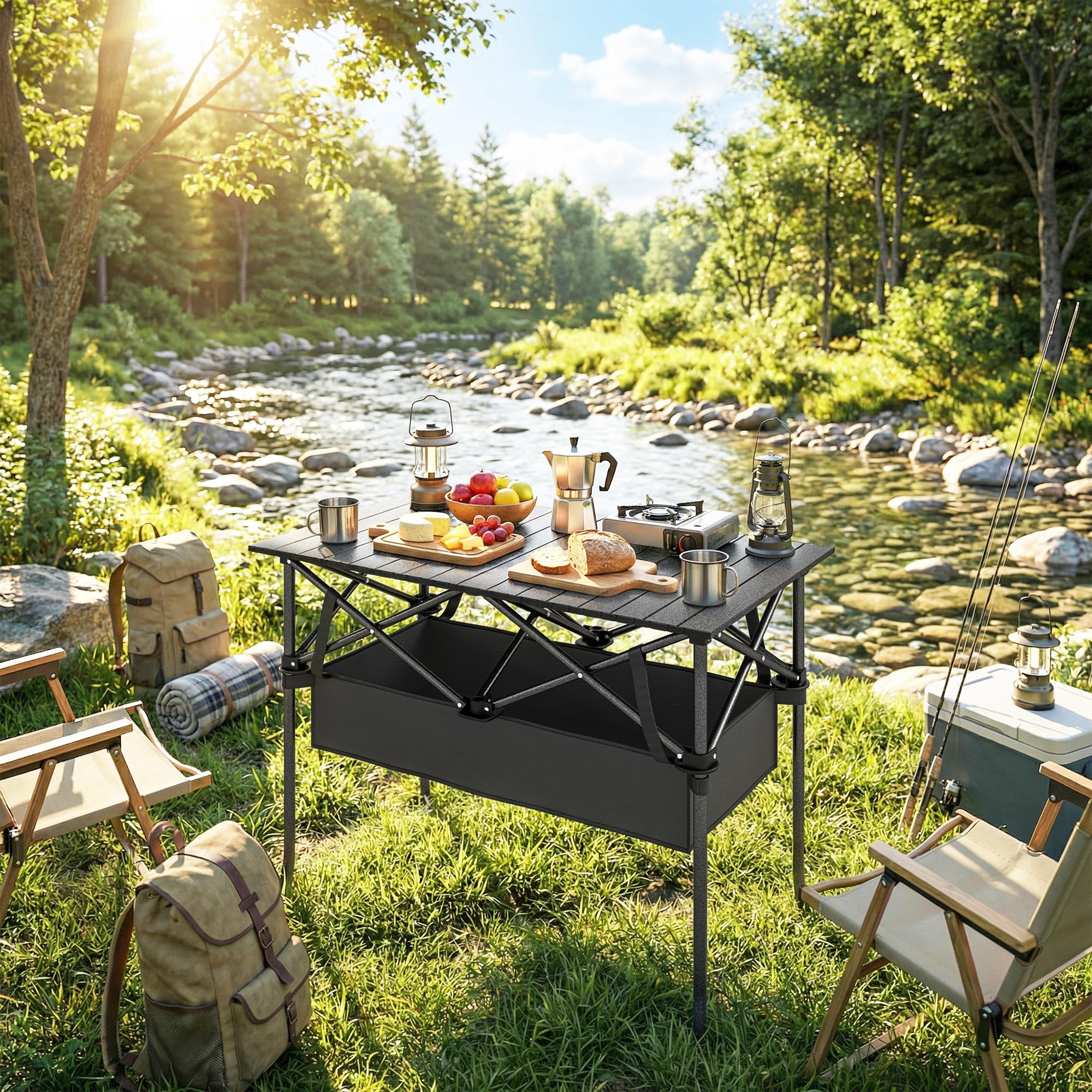 Outsunny Tavolo da Picnic Pieghevole 93cm con Rete Portaoggetti e Borsa, Struttura in Metallo, Nero