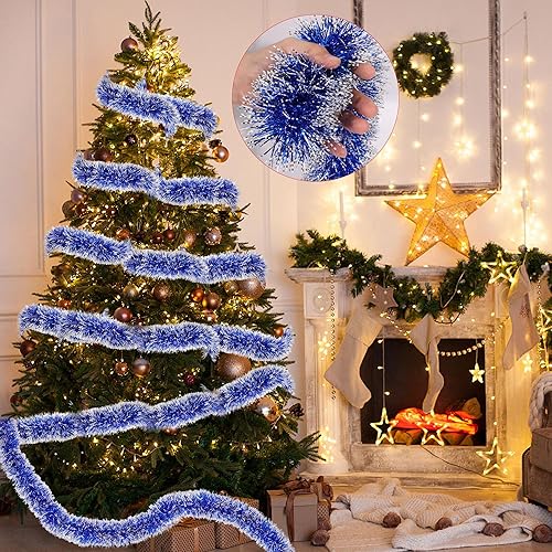 Miniatura 4 de Guirnalda de oropel de Navidad azul de 50 pies para decoraciones de árbol de Navidad, guirnalda colgante brillante metálica retorcida de Navidad