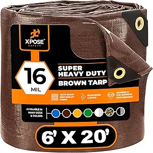 6' x 20' Super Heavy Duty 16 Mil Brown Poly Tarp Cover - Thick Waterproof, UV Resistant, Rip and Tear Proof Tarpaulin with Grommets and Reinforced Edges - by Xpose Safety