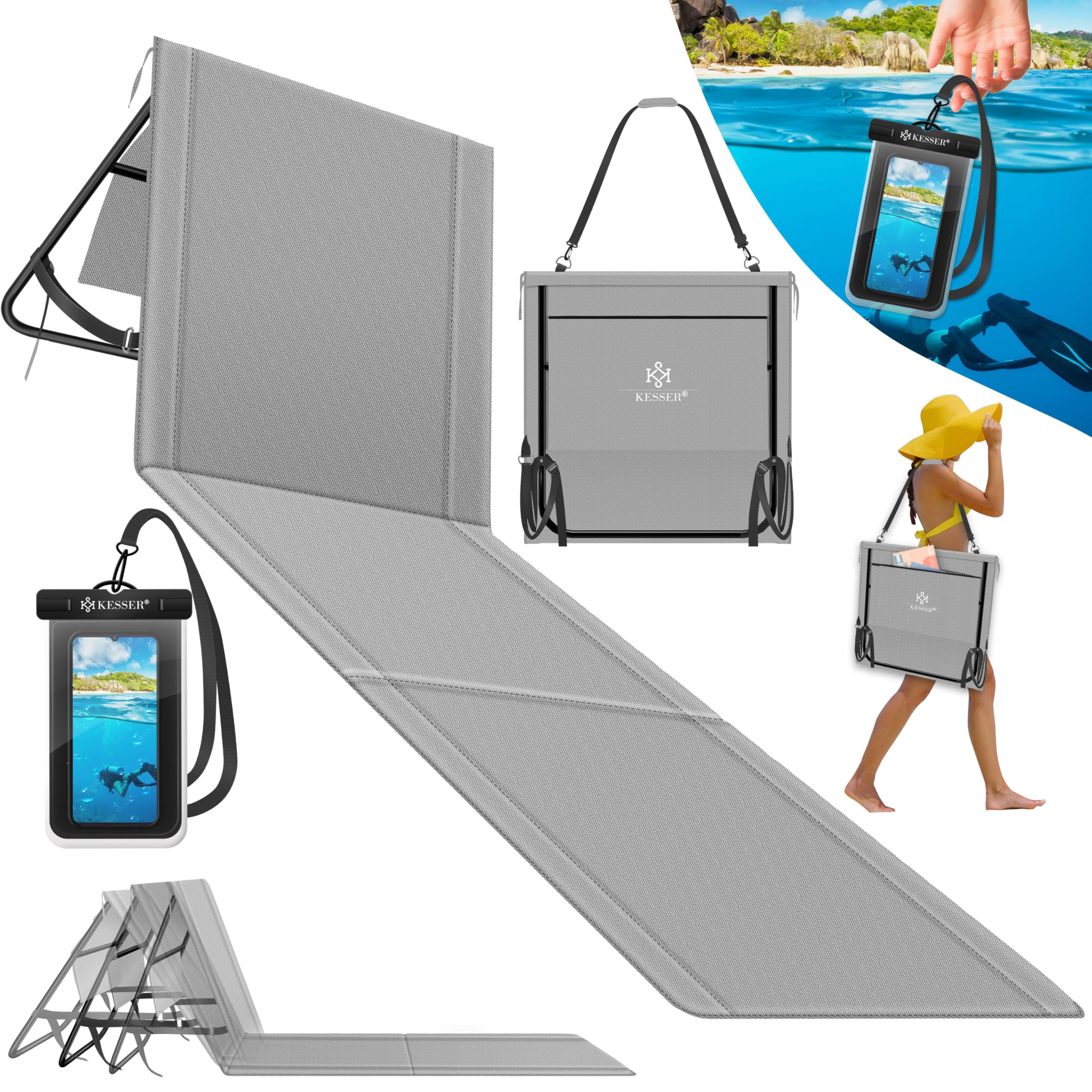 KESSER® Klappbare Strandmatte mit Verstellbarer Rückenlehne – Faltbare Strandliege mit Tragegurt, wasserdichter Tasche & Aufbewahrung – Sonnenliege für Strand, Garten & Terrasse 130 kg belastbar