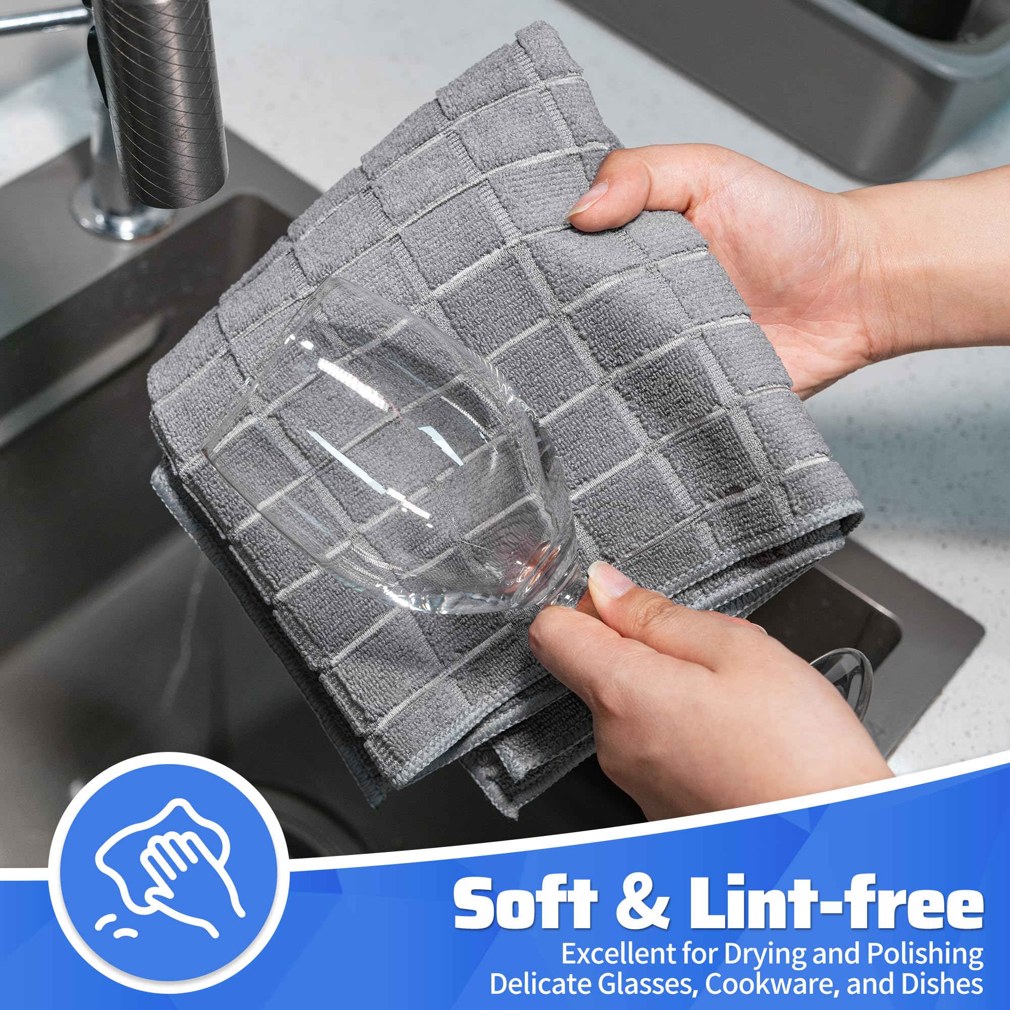 HOMERHYME Toallas de cocina, paquete de 8 paños de microfibra, color gris, multiusos, de secado rápido, reutilizables, sin pelusa y súper absorbentes, para bar, tienda, cocina y hotel, 25 x 15