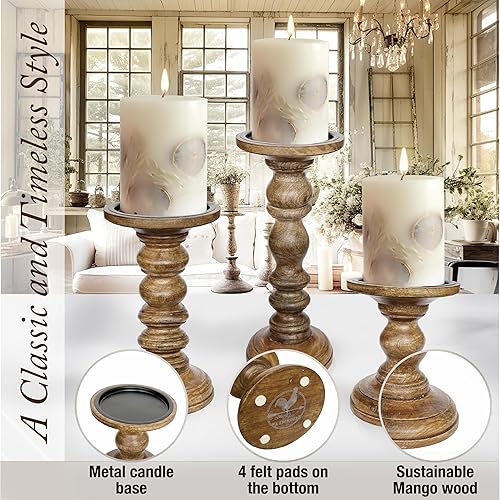 Miniatura 6 de Large Wood Candle Holders (Set of 3) - Tall Rustic Pillar Candlestick Stands - Fits 4 inch & 3 inch Pillar Candles - Modern Farmhouse Decor