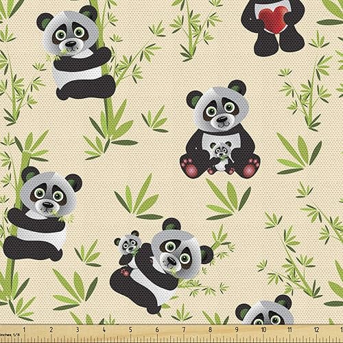 Tela de panda Lunarable de The Yard, diseño de oso asiático con dibujos animados comiendo hojas y ramas, animal silvestre, tela decorativa para