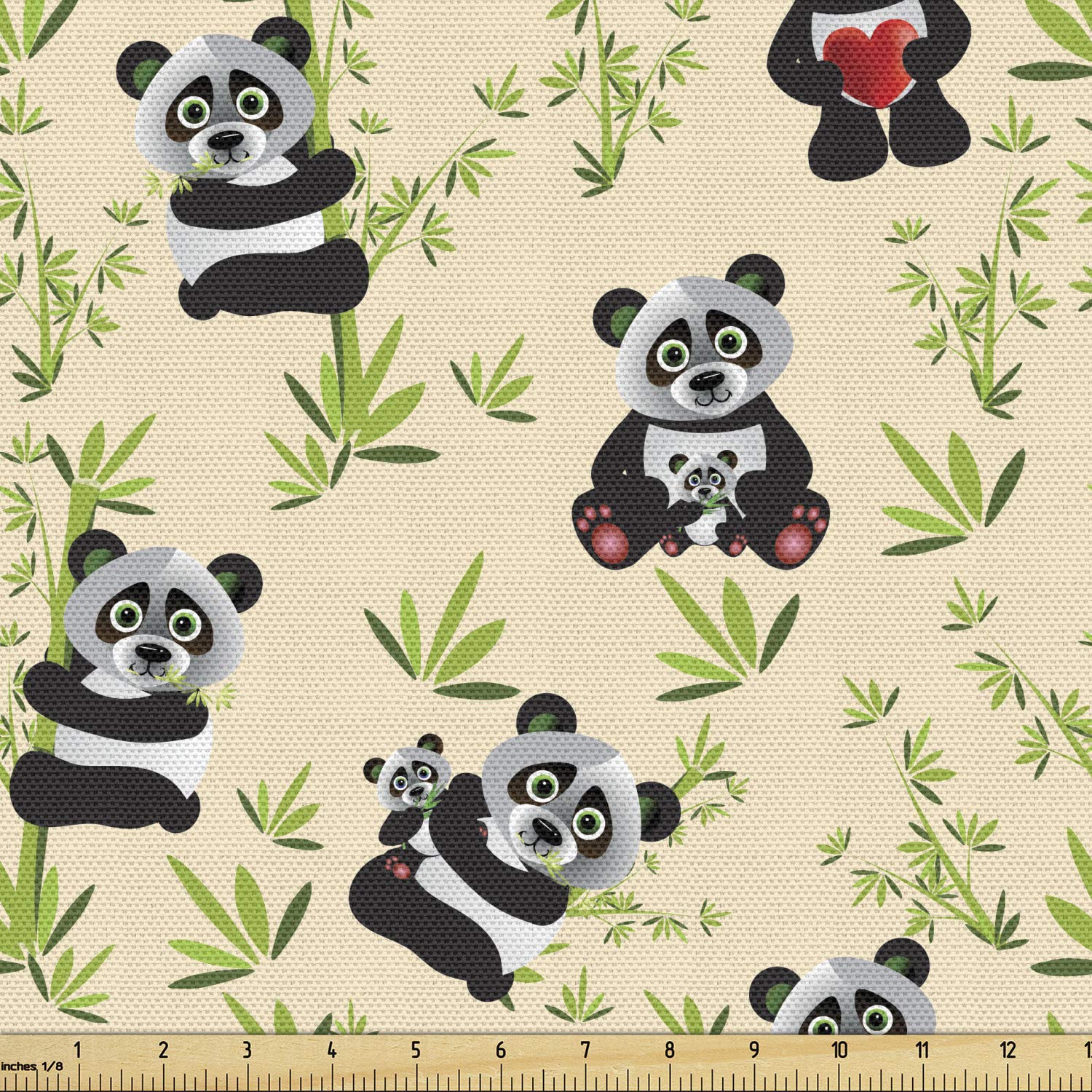 Lunarable Panda Fabric by The Yard, Asian Bear Cartoon Character Eating Leaves Branches Wildlife Animal, Decorative Fabric for Upholstery and Home