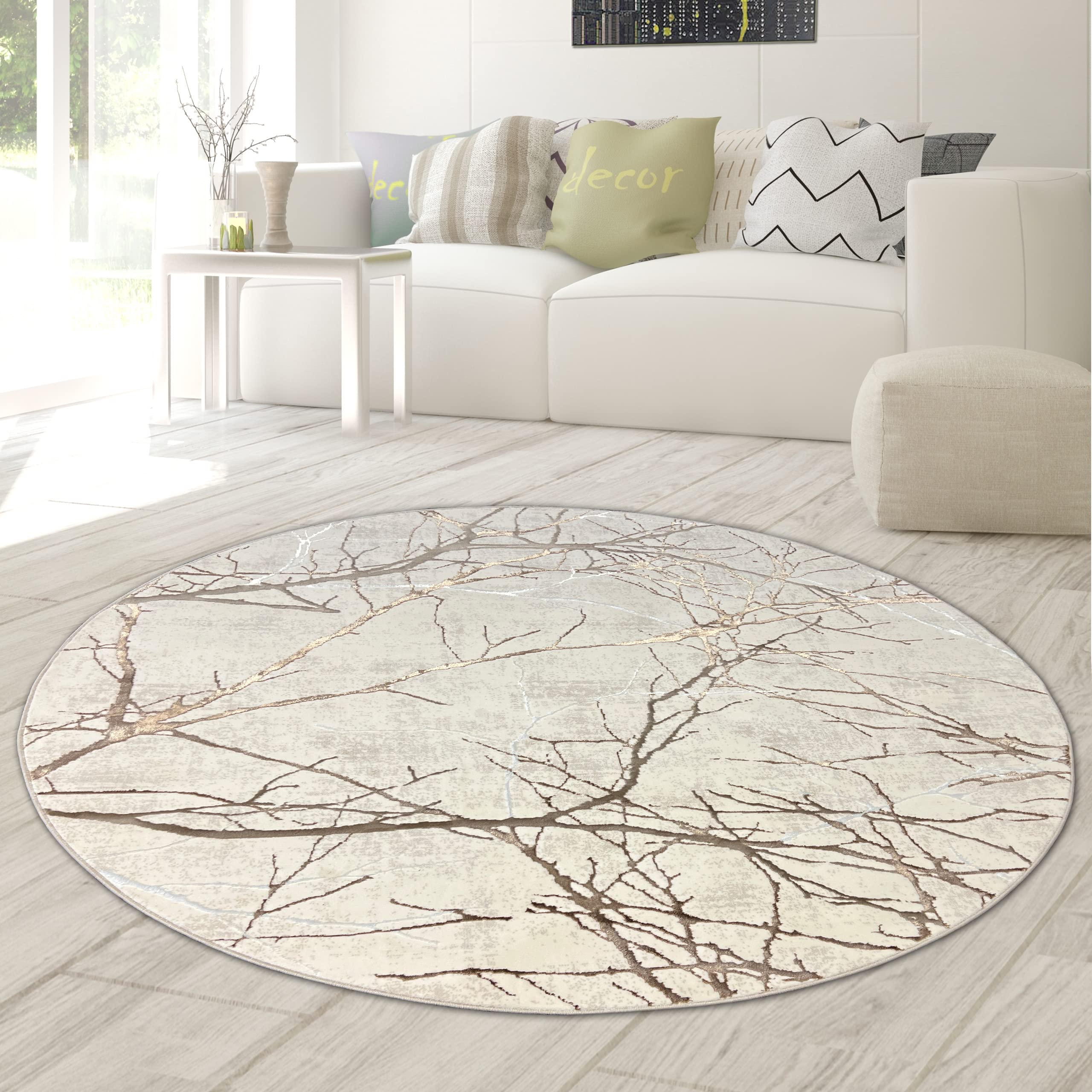 Teppich-Traum Alfombra de Diseño Abstracto Pasillo salón y Dormitorio Ramas Crema, 200 cm Redondo