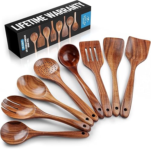 Miniatura 21 de Zulay Kitchen Juego de 7 cucharas de madera para cocinar – Utensilios de teca lisos resistentes al calor con agarre cómodo – Ligeras y duraderas –