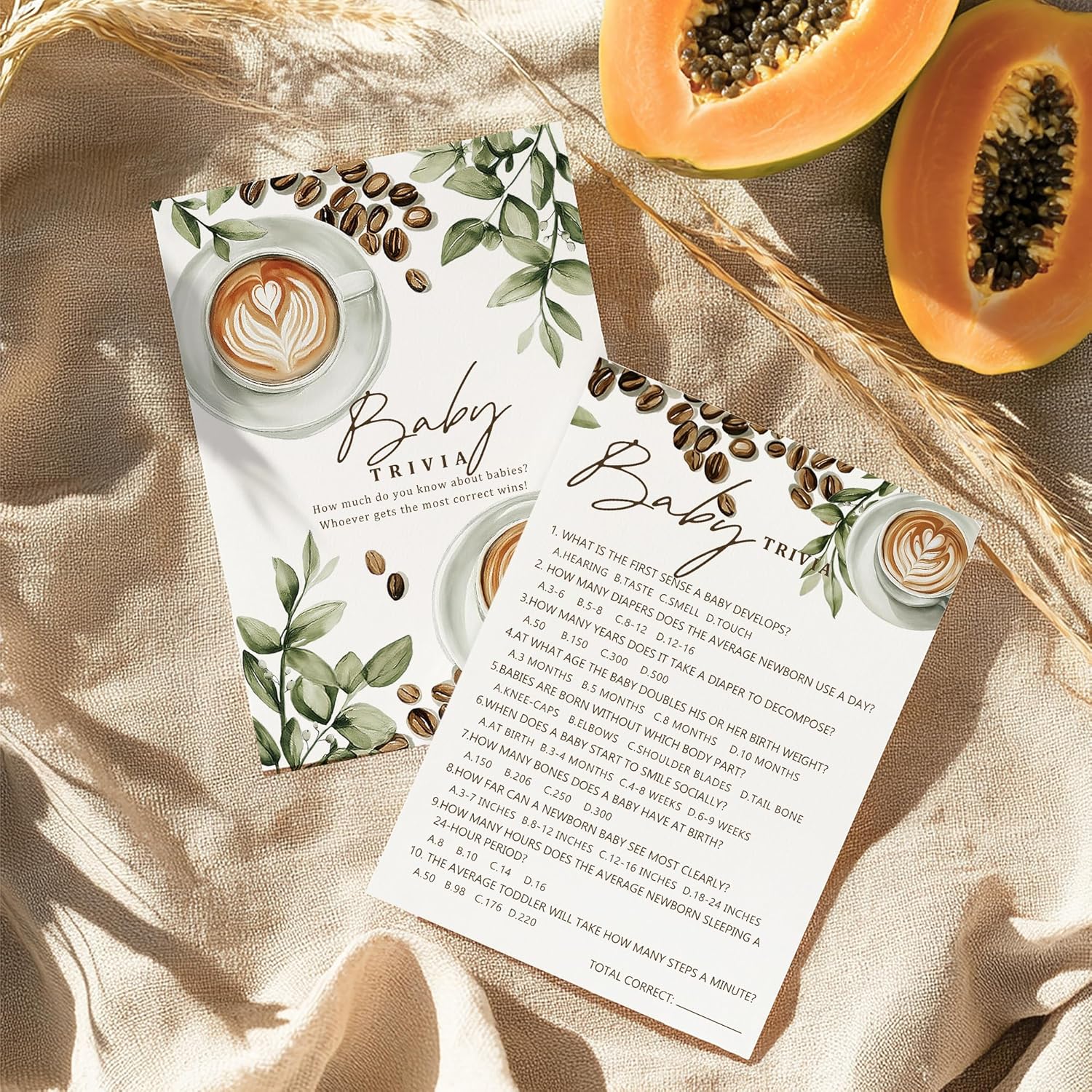 Baby Shower Games for Girl Boy, 25 PCS A Baby is Brewing Trivia Game Cards & 1 Answer Card, Coffee Theme Gender Neutral Party Decorations Supplies-E04