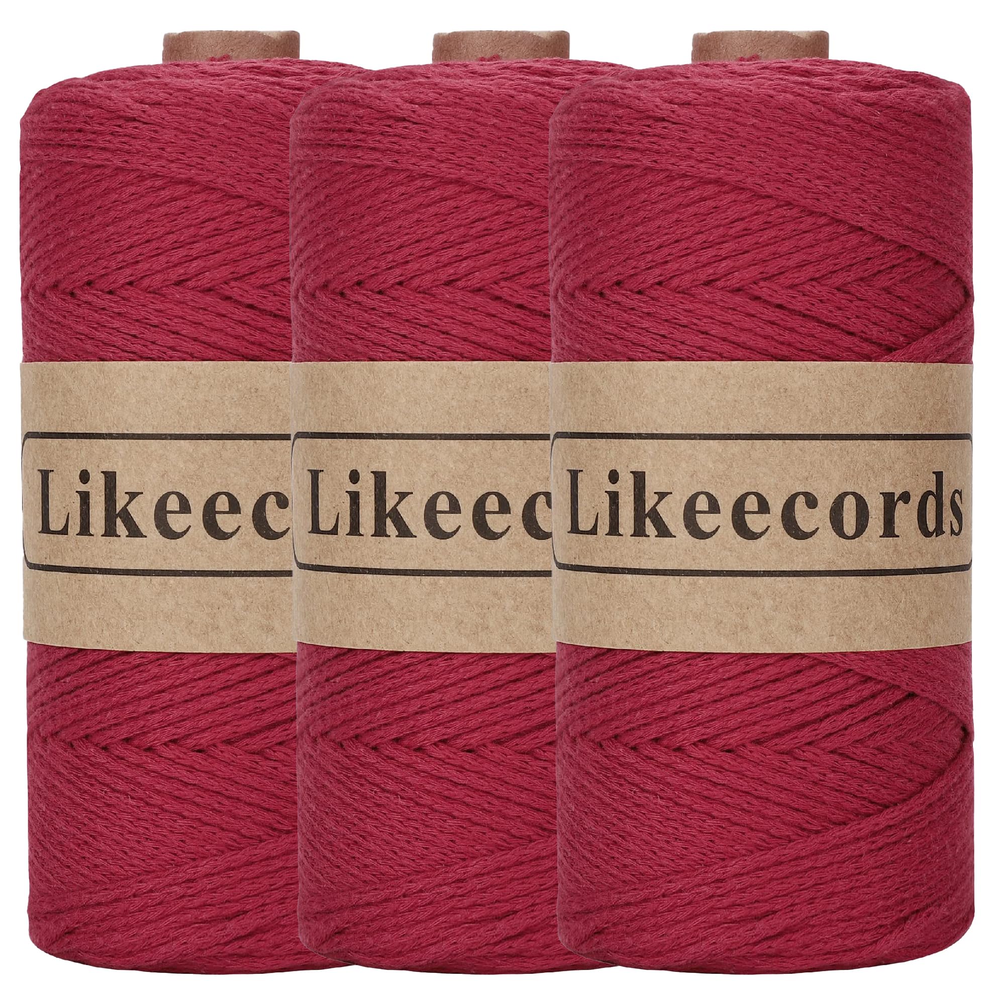 Likeecords 100% Cotton Crochet Yarn for Bag,3 Rolls/Pack 2mm x 510m,Macrame Cord,Chunky Yarn for Crocheting Handbag, Purse,Blankets Crafts Projects (Wine red)