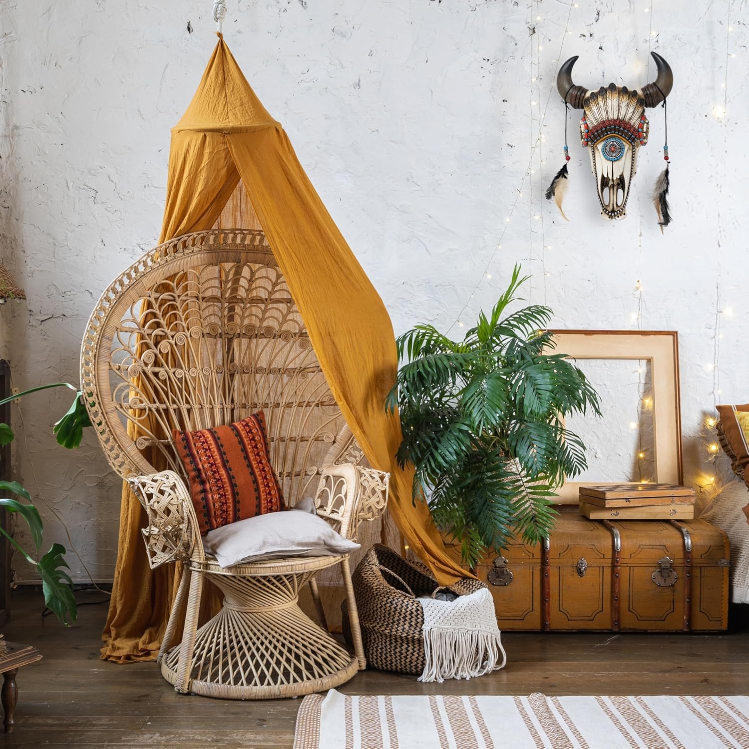 AMAJY Southwest Faux Bull Skull Wall Decor with Feather Headdress – Rustic Resin Western Art for Home Cabin or Lodge Boho Native American Style Decorative Sculpture Unique Cow Accent Piece