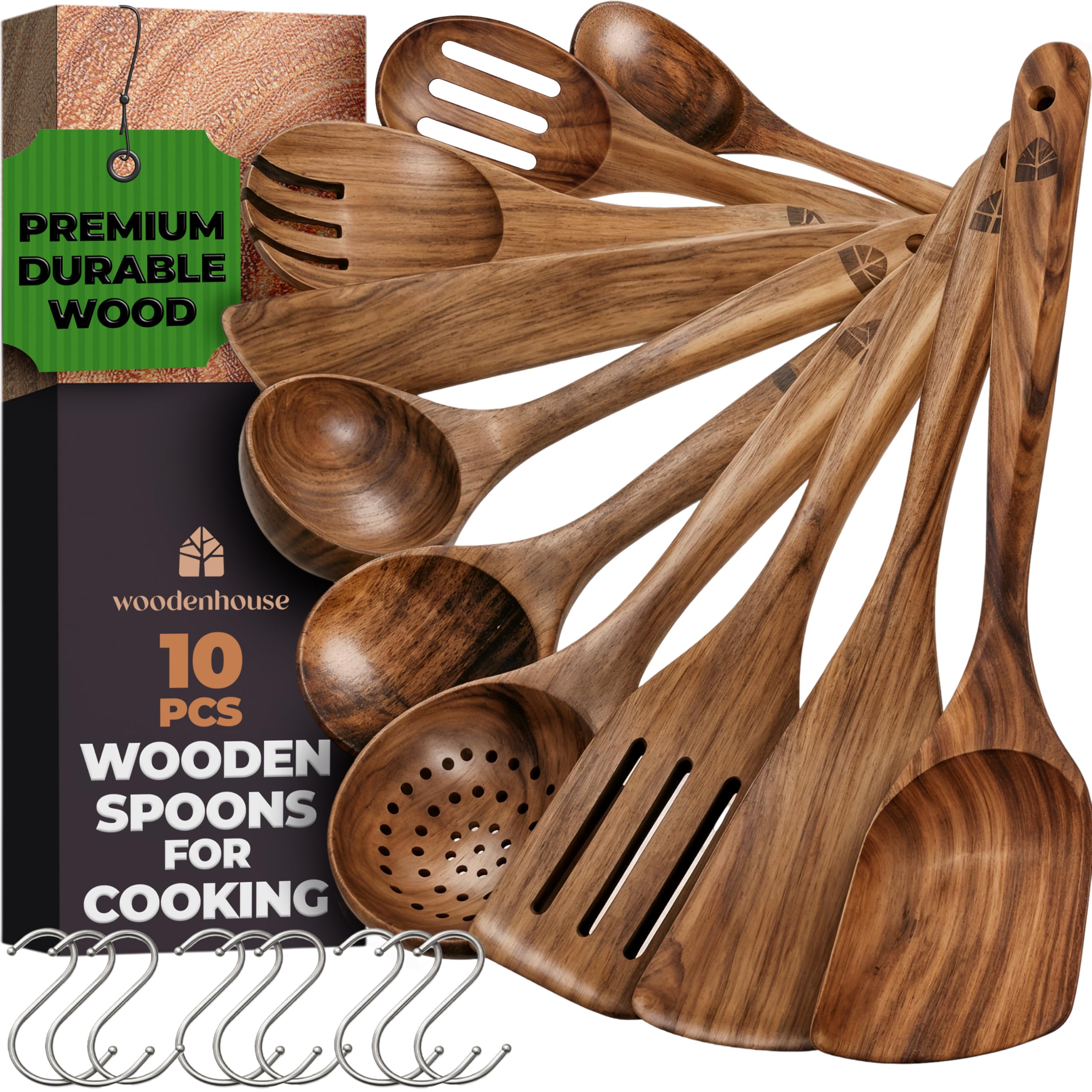Wooden Spoons for Cooking 10 Pcs, Teak Utensil Set with Hanging Hooks