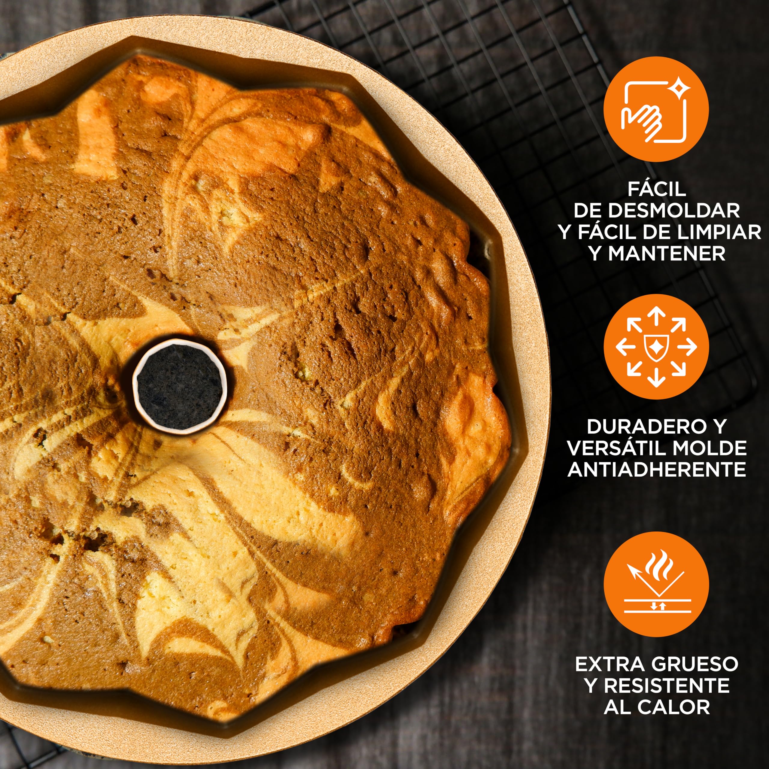 NutriChef molde bundt redondo antiadherente, Aluminio fundido, 23 cms, Diseño aro francés, Bandeja para horno, Bizcochos y tartas, Repostería casera, Cocción uniforme, Fácil de limpiar
