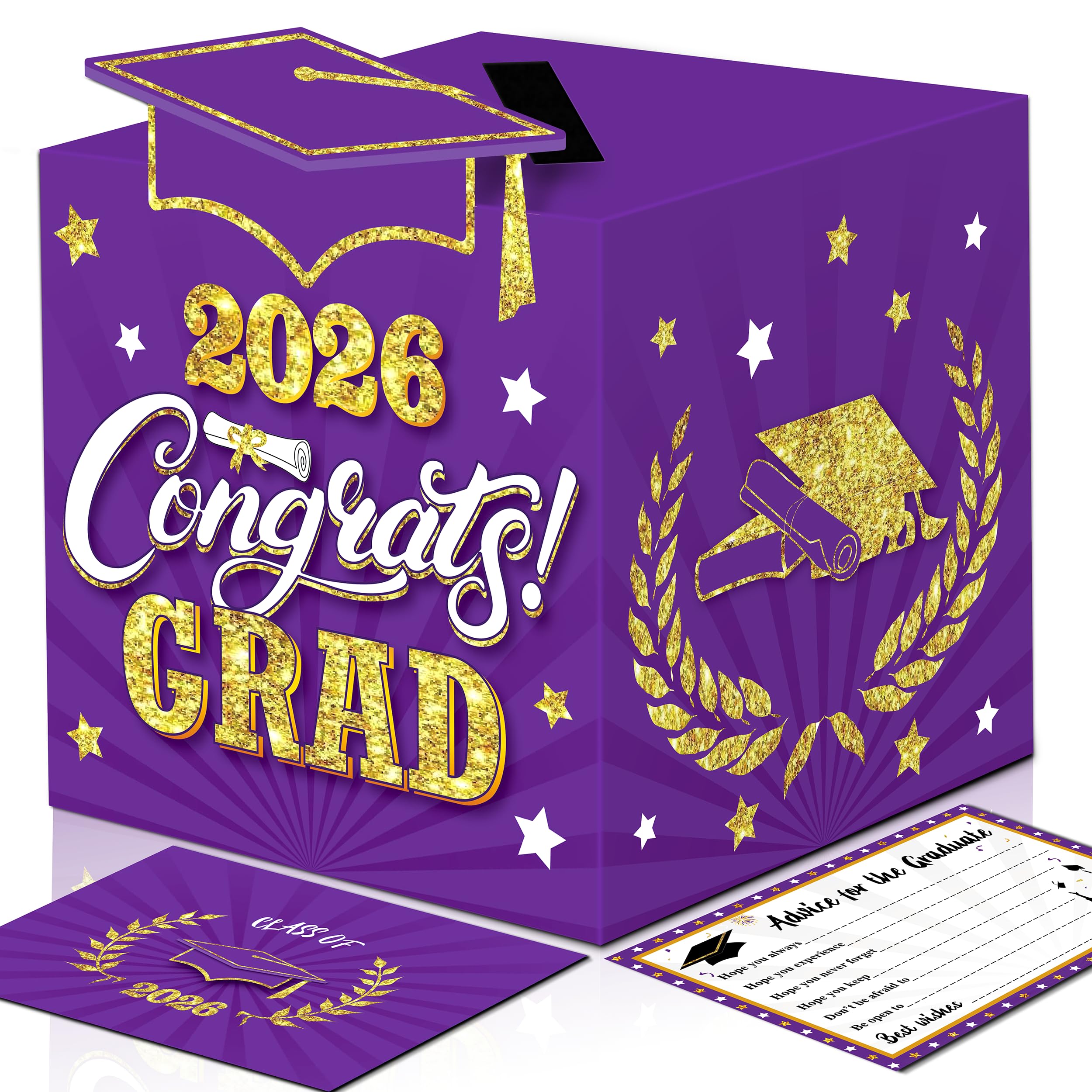 Graduation Wish Cards with Purple and Gold Graduation Card Holder Box - 36PCS Class Of 2026 Graduation Advice Cards and 2026 Congrats Grad Card Box for Graduation Party Decoration Purple