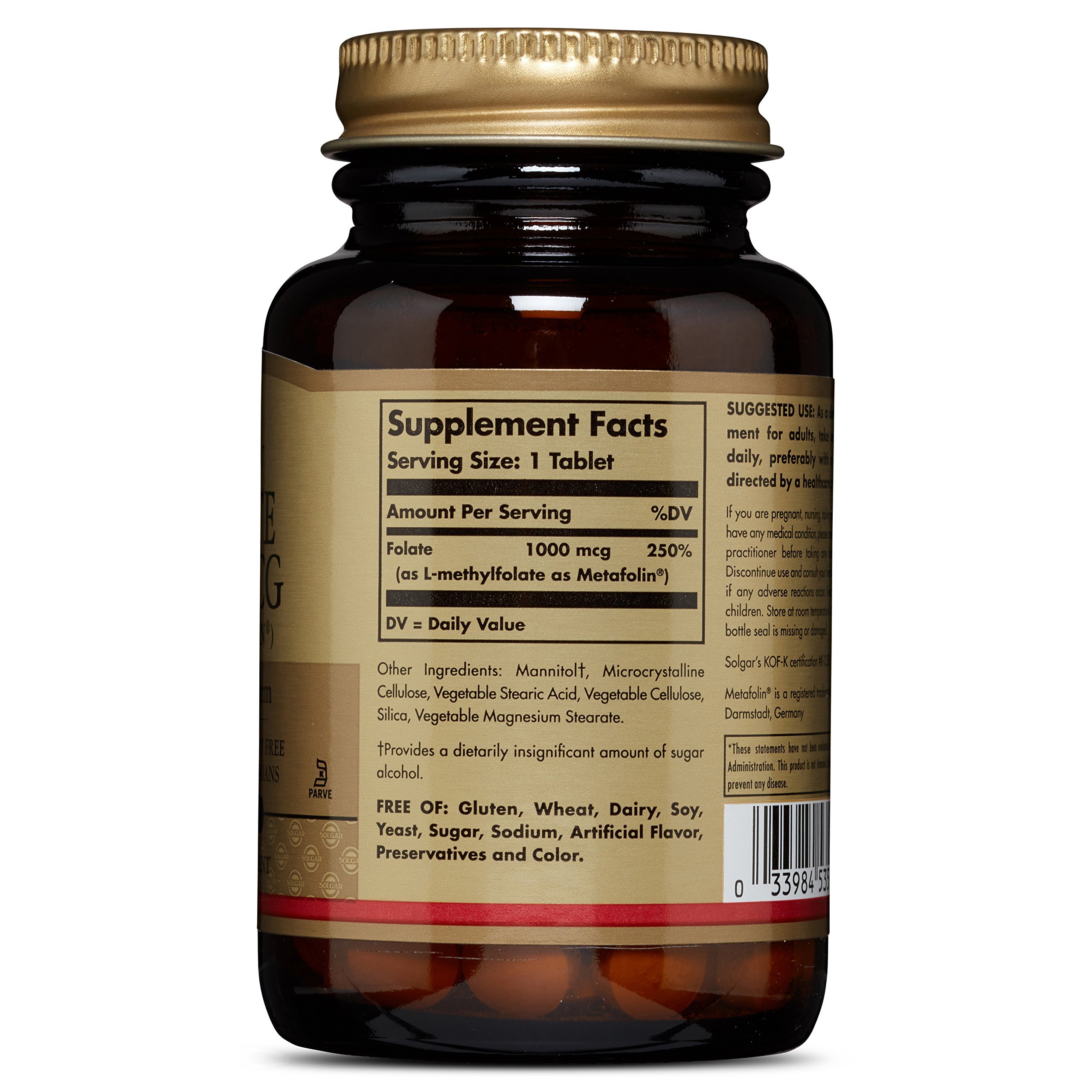Solgar Folate 1000 mcg, 120 Tablets - 1000 mcg Bio-Active Metafolin - Vegan, Gluten Free, Dairy Free, Kosher - 120 Servings,(Pack of 2) — Amazon image 2