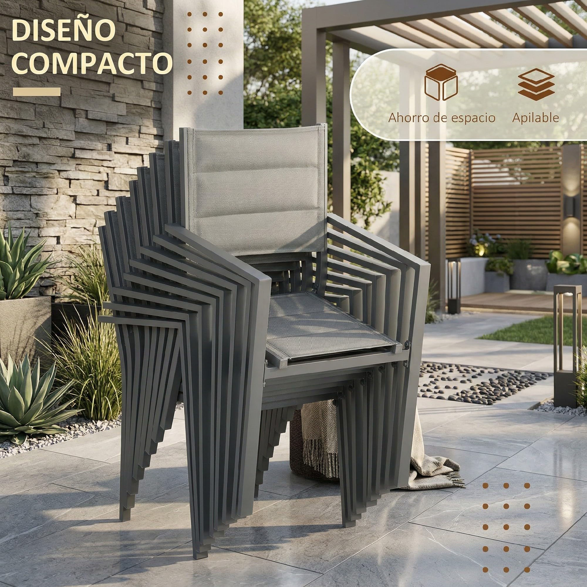 Outsunny Conjunto de Muebles de Jardín de 9 Piezas Mesa Extensible Gris | 8 Sillas Apilables, Juegos de Comedor de Jardín Exterior, Estructura de Aluminio, Terraza y Patio