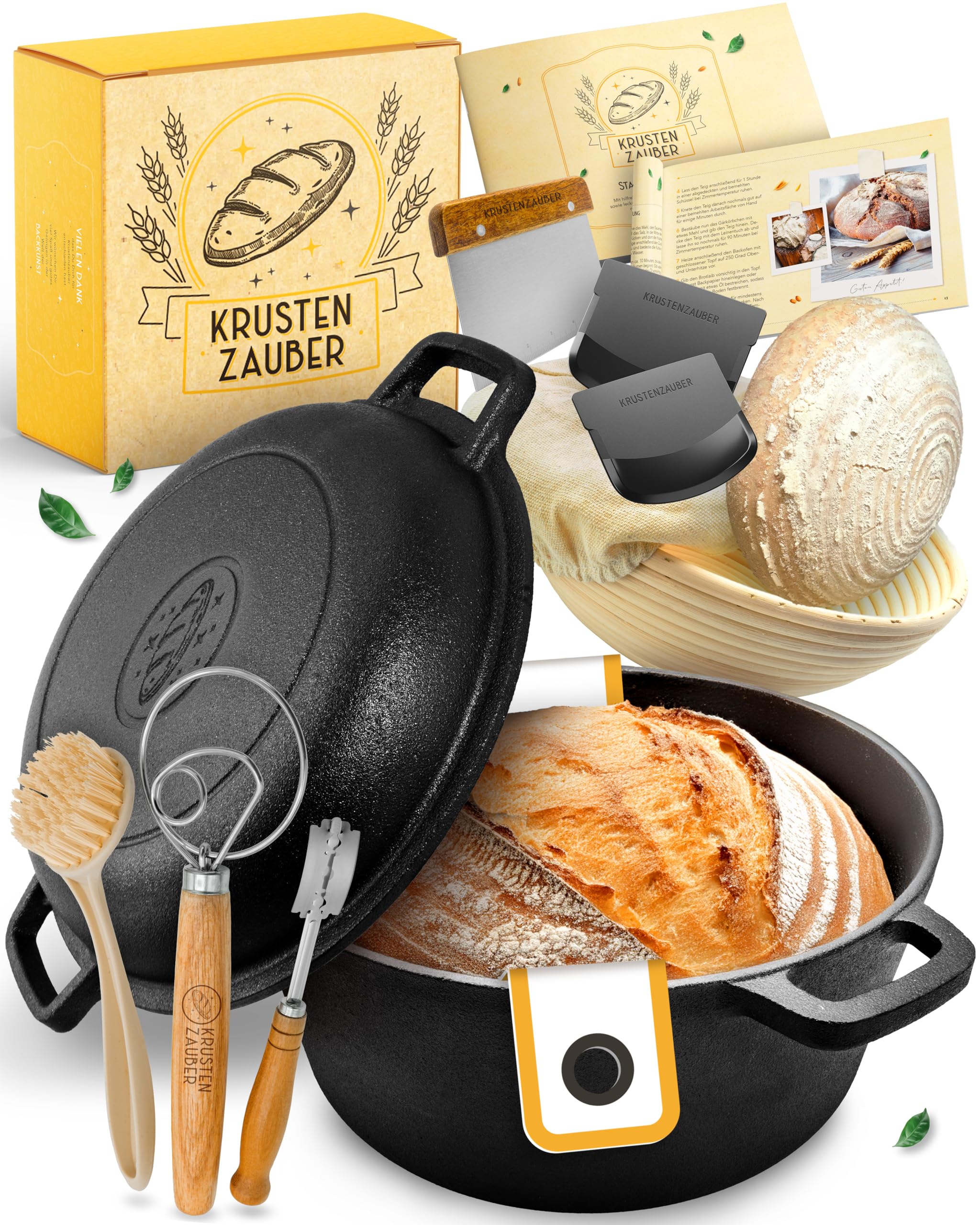 KRUSTENZAUBER Juego XXL de cacerola de hierro fundido, molde para pan con tapa, incluye cesta de fermentación, batidor, cuchillo de panadero, espátula para masa, soga de pan y más – Juego perfecto